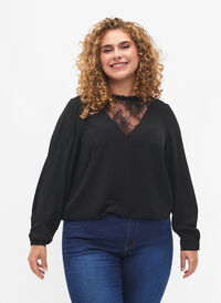 SJOKKPRIS - Bluse med lange ermer og blondedetaljer, Black, Model