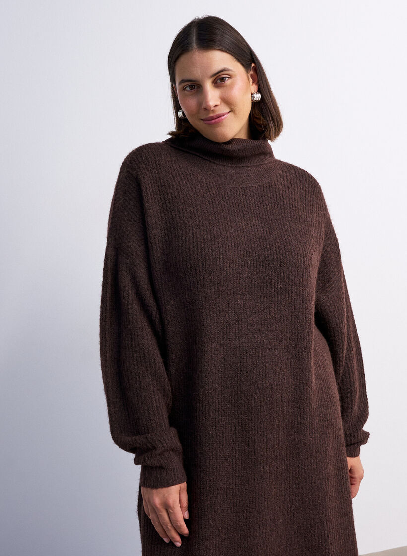 Strikket kjole med h&oslash;y hals, Brun, Model image number 3