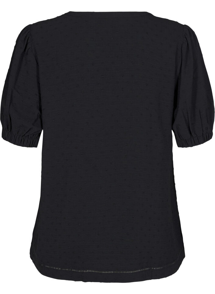 Bluse med korte puff ermer og prikkete tekstur, Black, Packshot image number 1