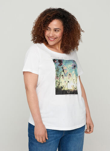 Kortermet T-skjorte i bomull med trykk, Bright White, Model image number 0