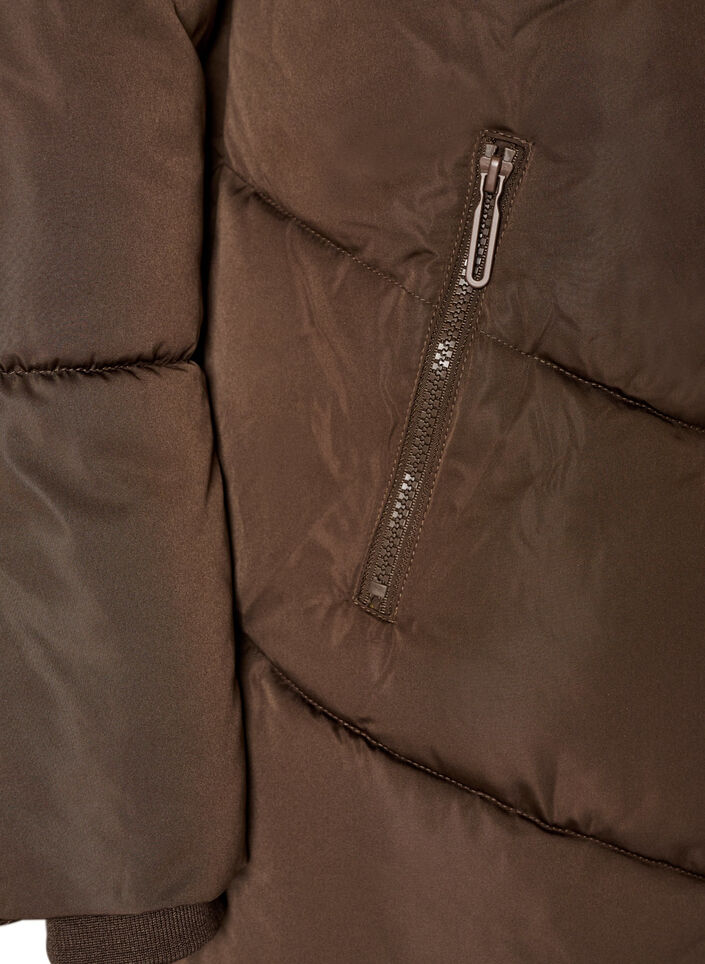 Lang pufferjakke med hette og lommer, Brun, Packshot image number 3