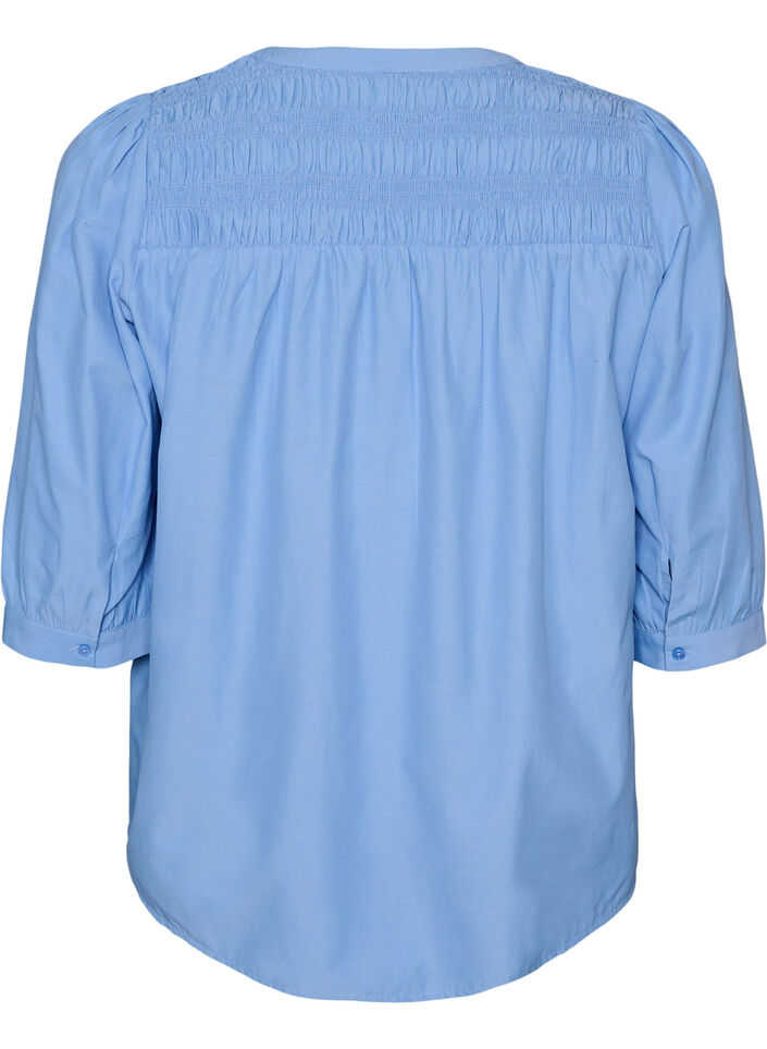 Bluse med smock og 3/4 ermer, Bl&aring;, Packshot image number 1