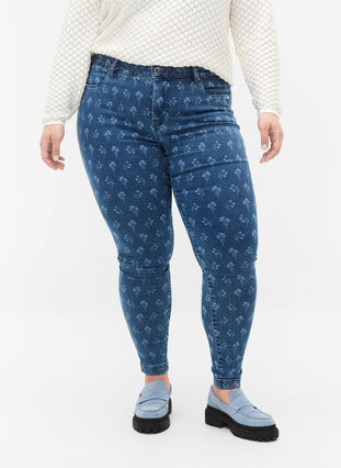 Super slim Amy jeans med blomstermønster, Blue denim, Model image number 2