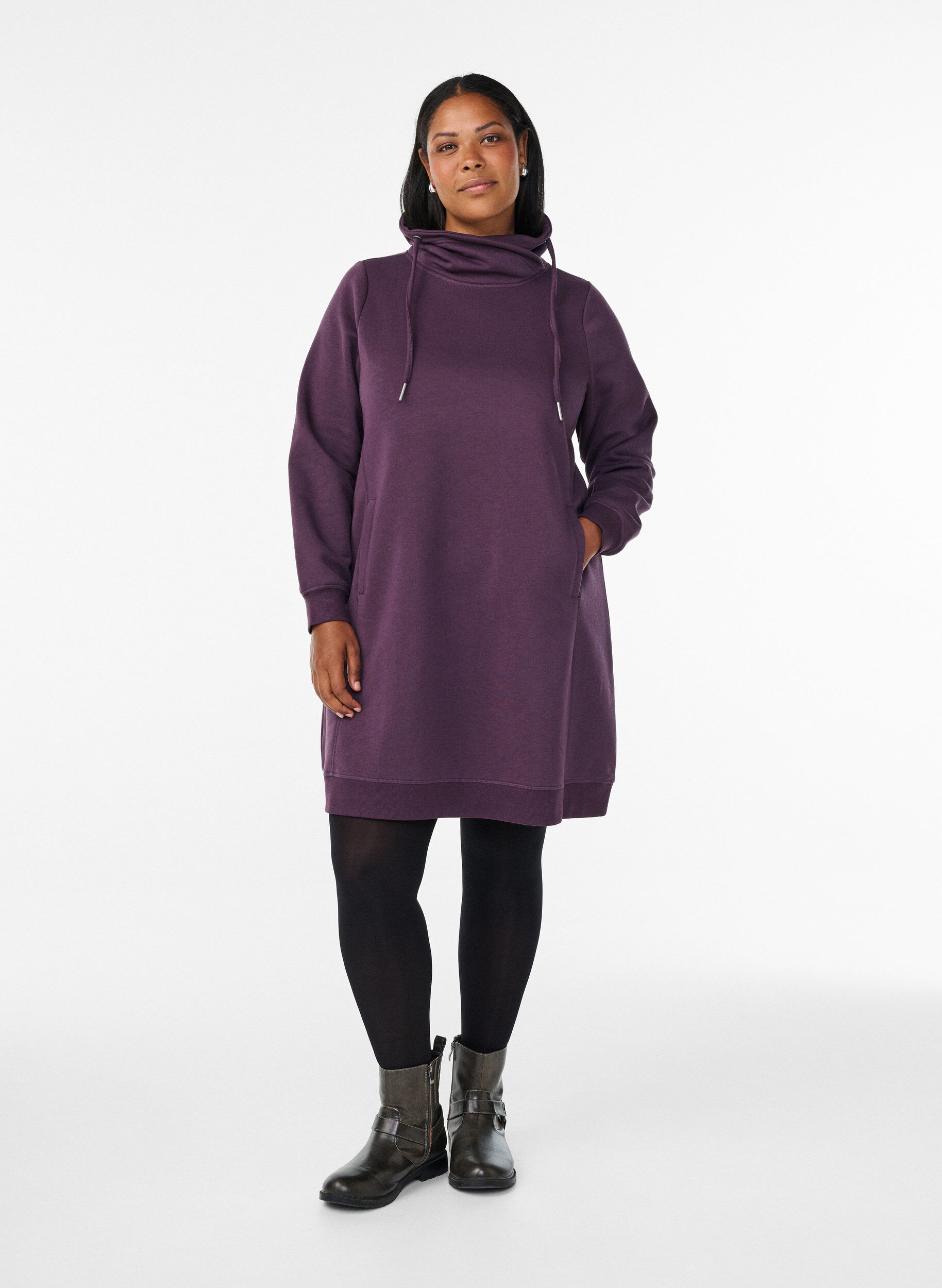 ZizziKort genserkjole med h&oslash;y hals og lommer, Lilla, Model image number 1