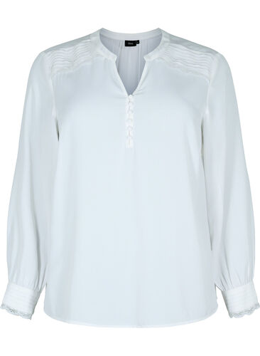 Langermet bluse med V-hals , Bright White, Packshot image number 0