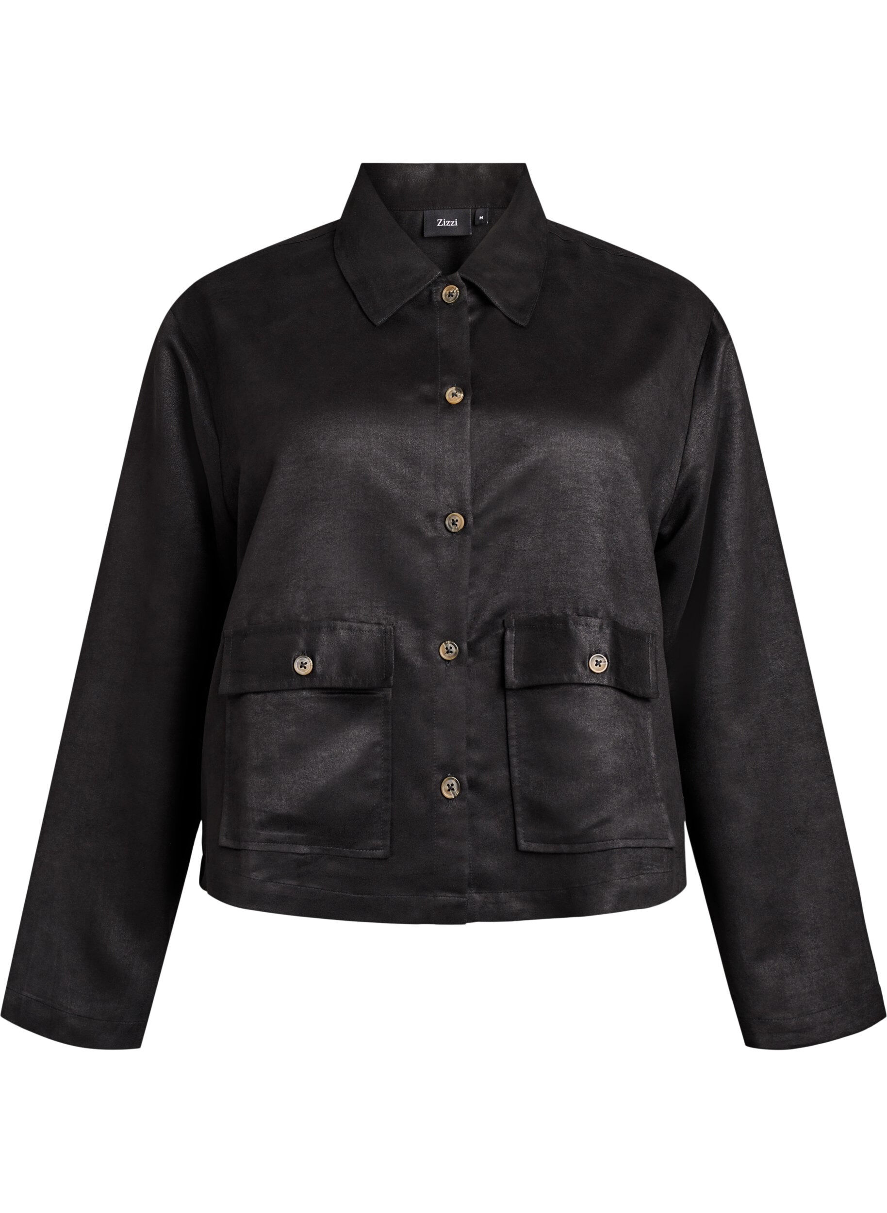 Kort jakke i imitert semsket stoff med lommer