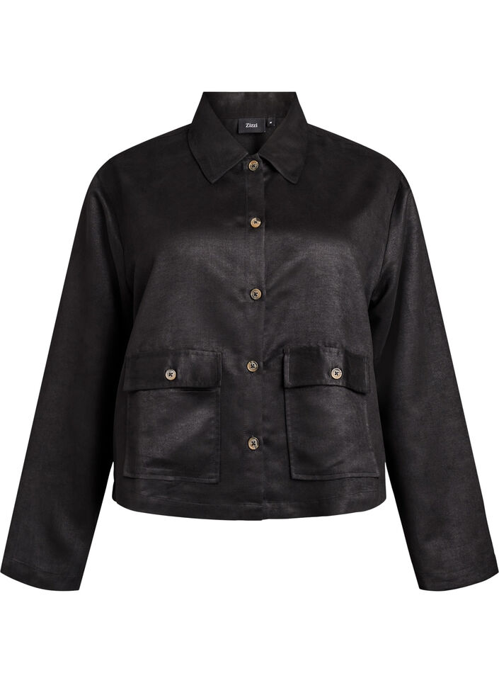 Kort jakke i imitert semsket stoff med lommer, Svart, Packshot image number 0