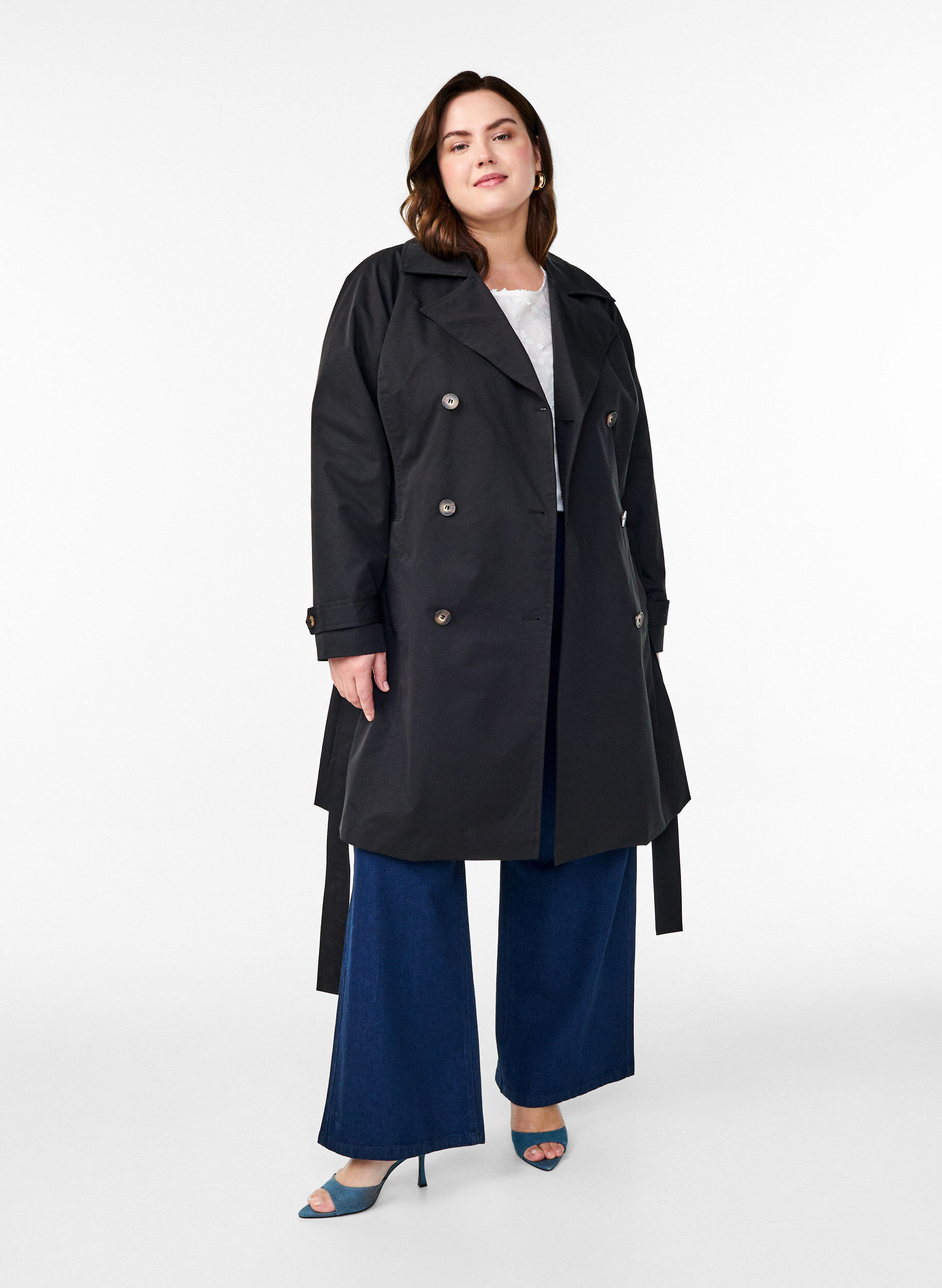 Zizzi Midilang trenchcoat med belte, Black, Model image number 2