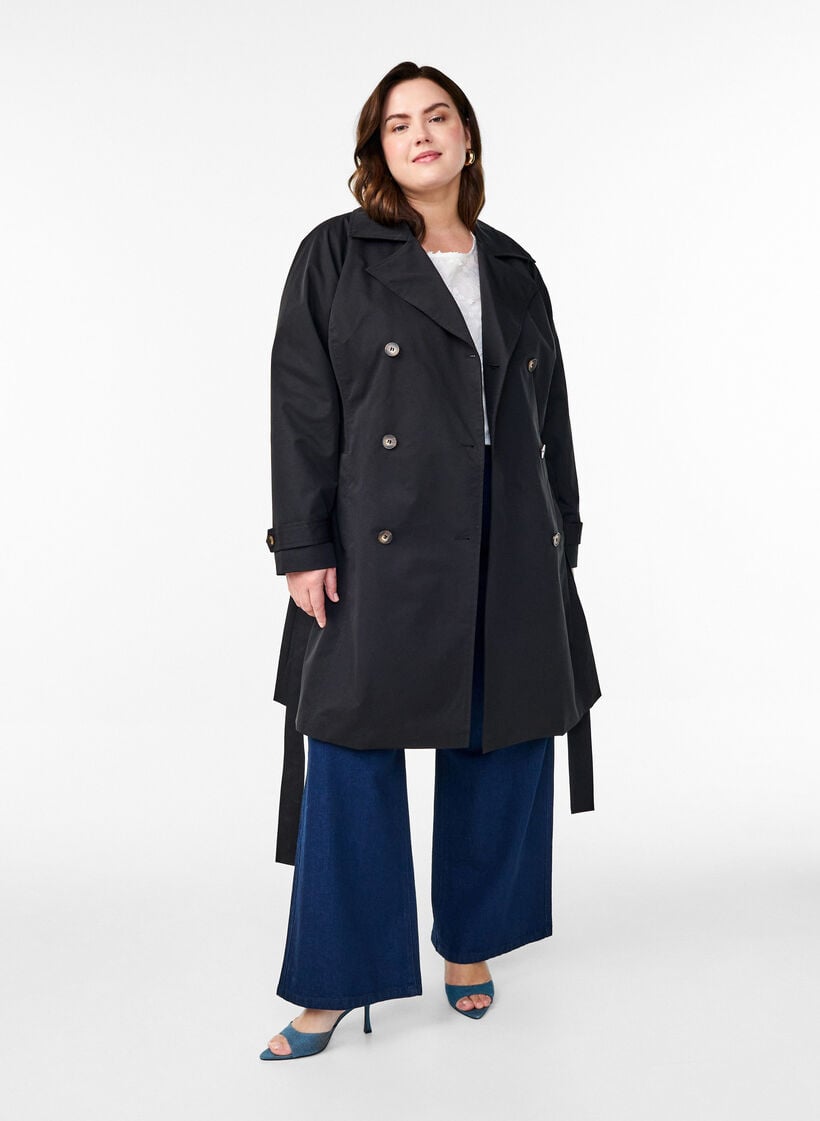 Midilang trenchcoat med belte, Black, Model image number 2