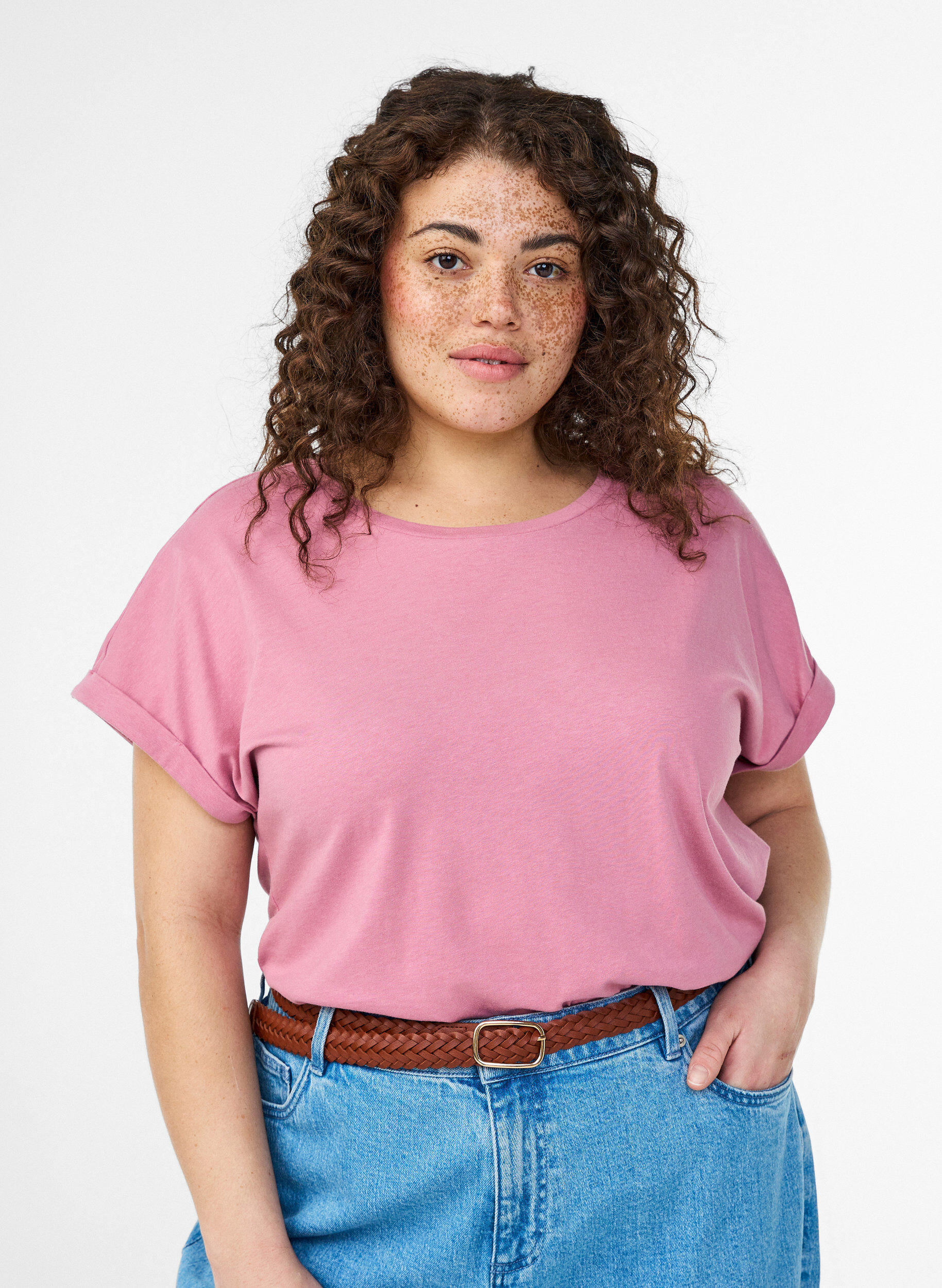 Kortermet t-skjorte i bomullsblanding, Rosa, Model
