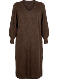 Langermet strikket kjole med V-hals og lange ermer, Brun