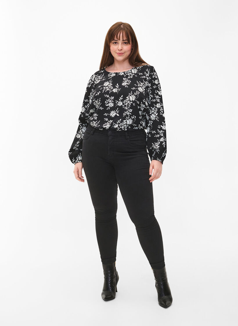 Bluse med puffermer, Black Flower AOP, Model image number 2