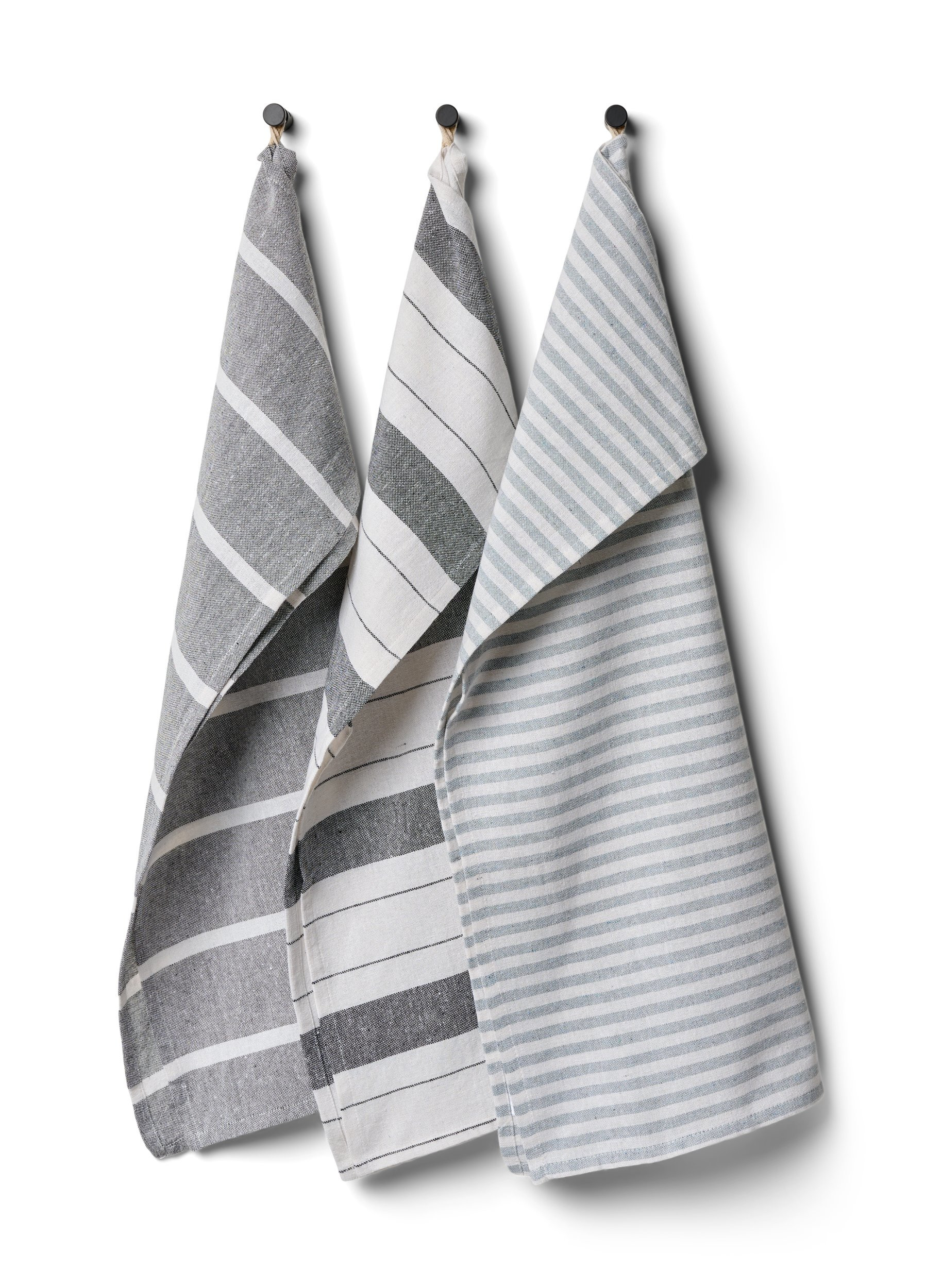 Stripete kjøkkenhåndkle i bomull, 3 stk., 3-Pack Grey, Packshot image number 0
