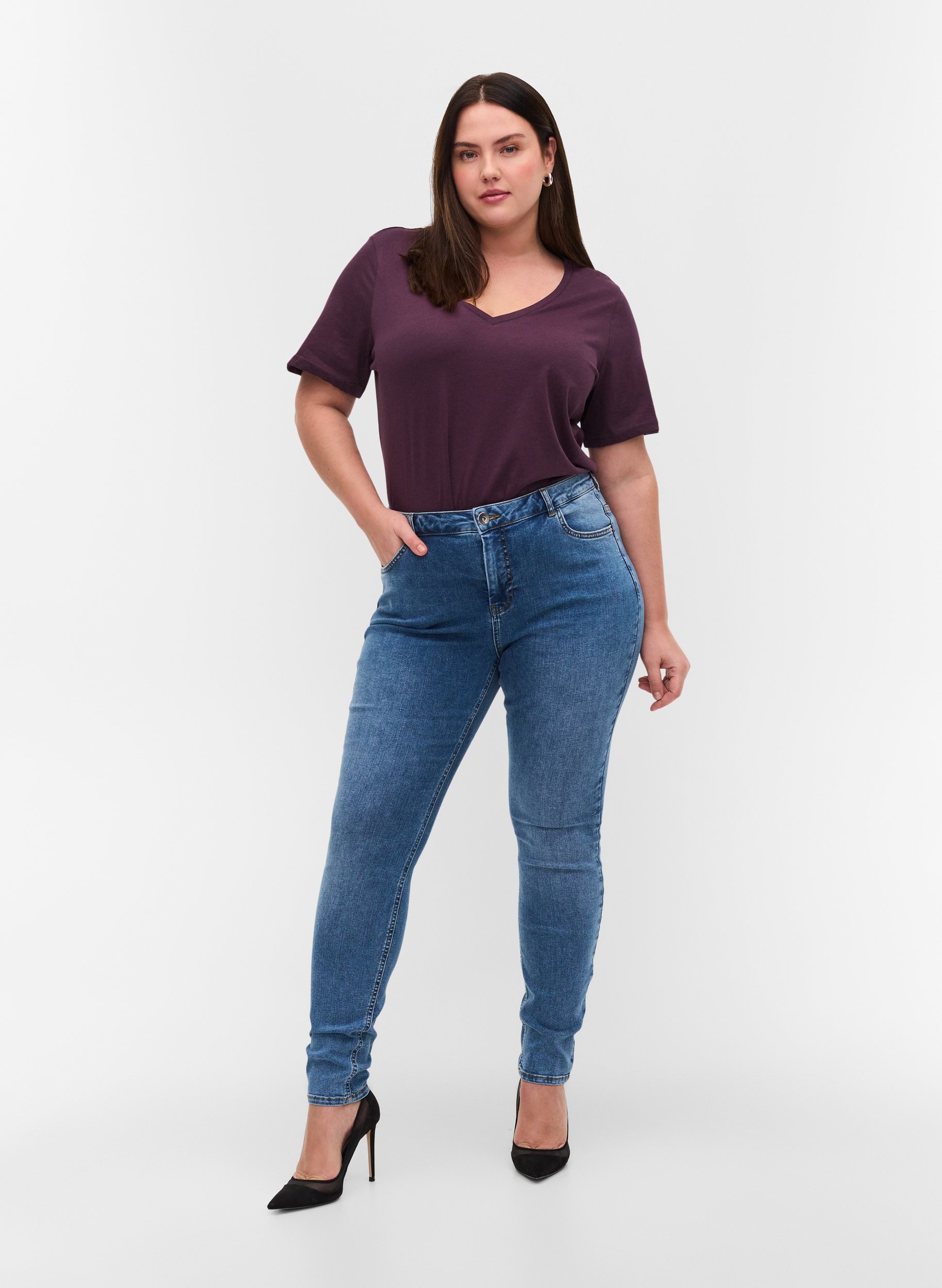 Super slim Amy jeans i en bomullsmiks, Blue denim, Model