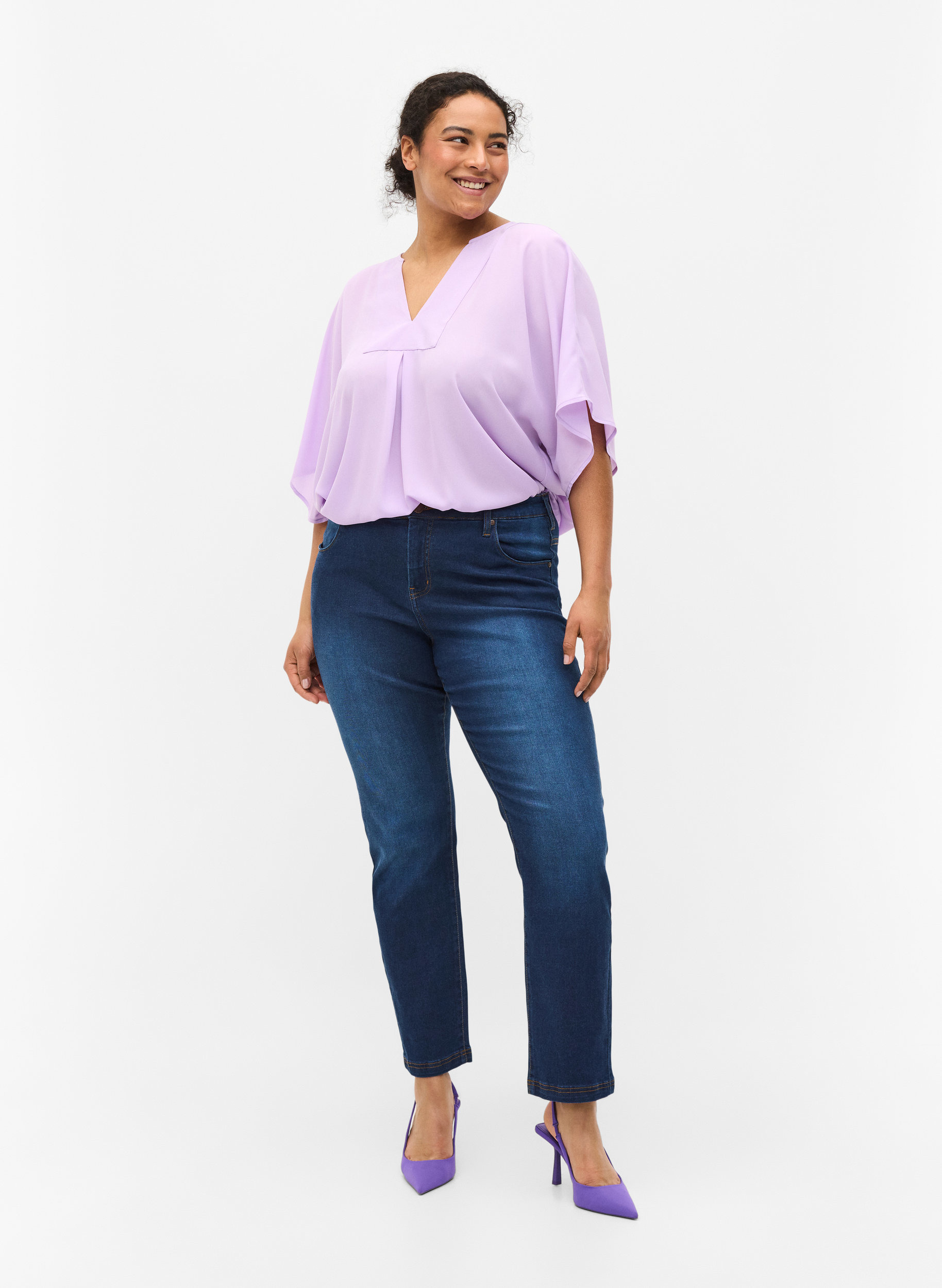 Slim fit Emily jeans med normal høyde i livet, Blue denim, Model image number 4