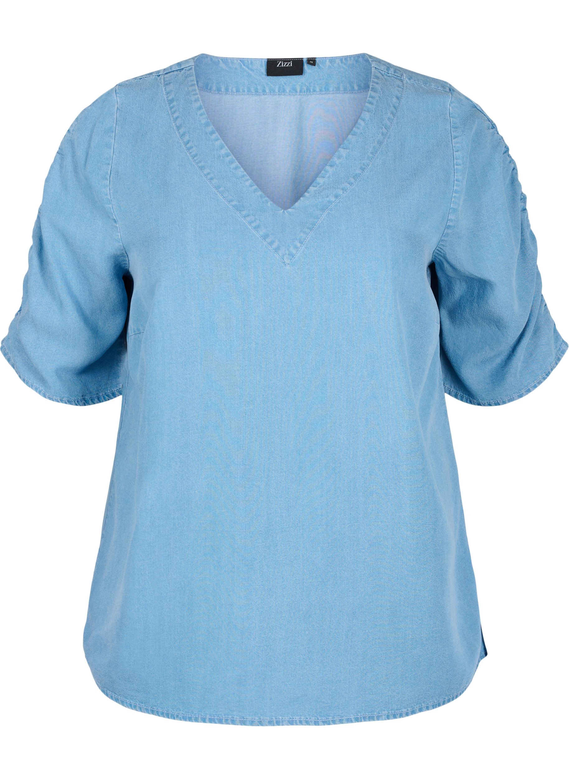 Bluse med draperte ermer, Light blue denim, Packshot image number 0