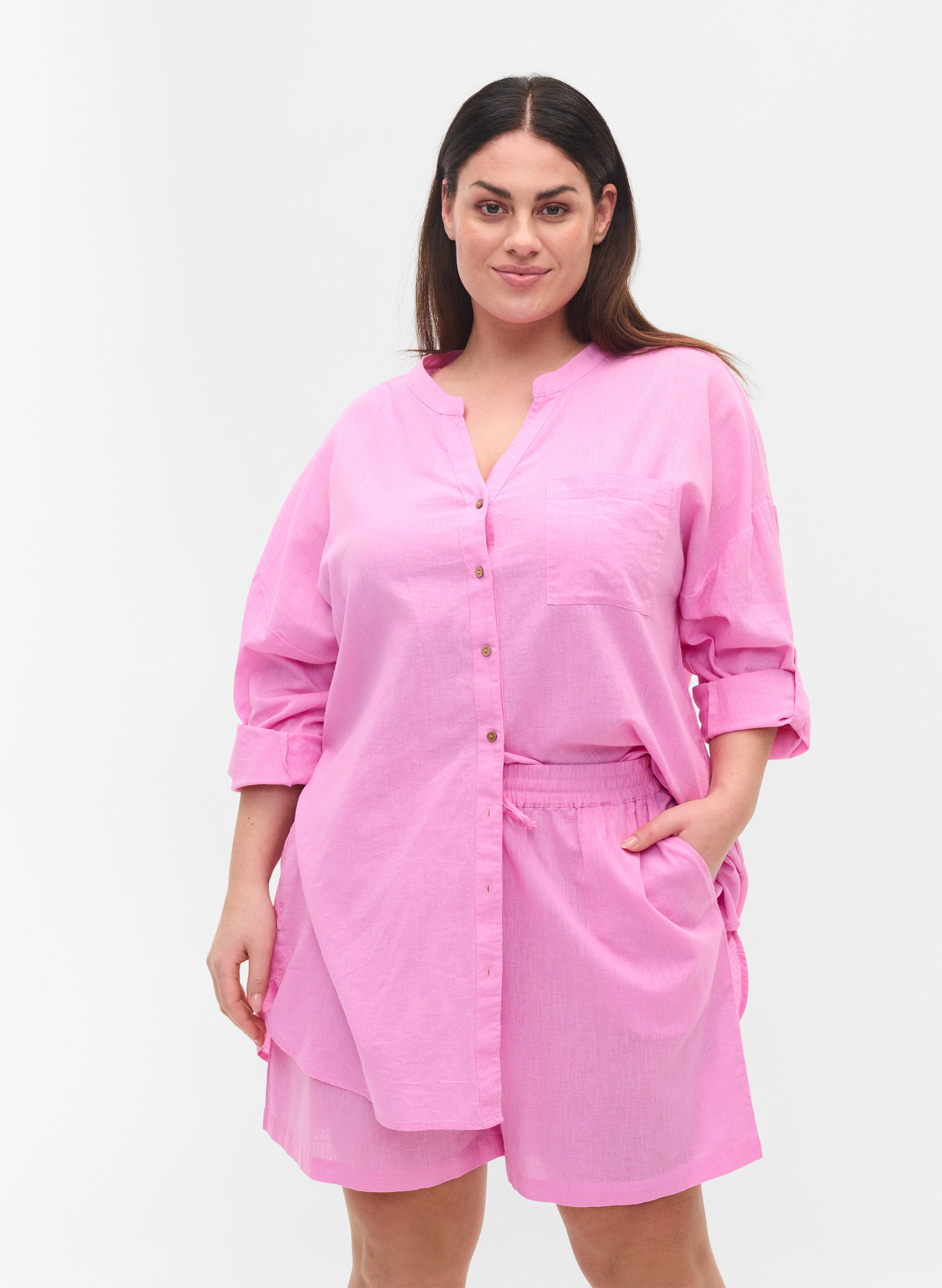 Bluse med 3/4-ermer og knappelukking, Begonia Pink, Model