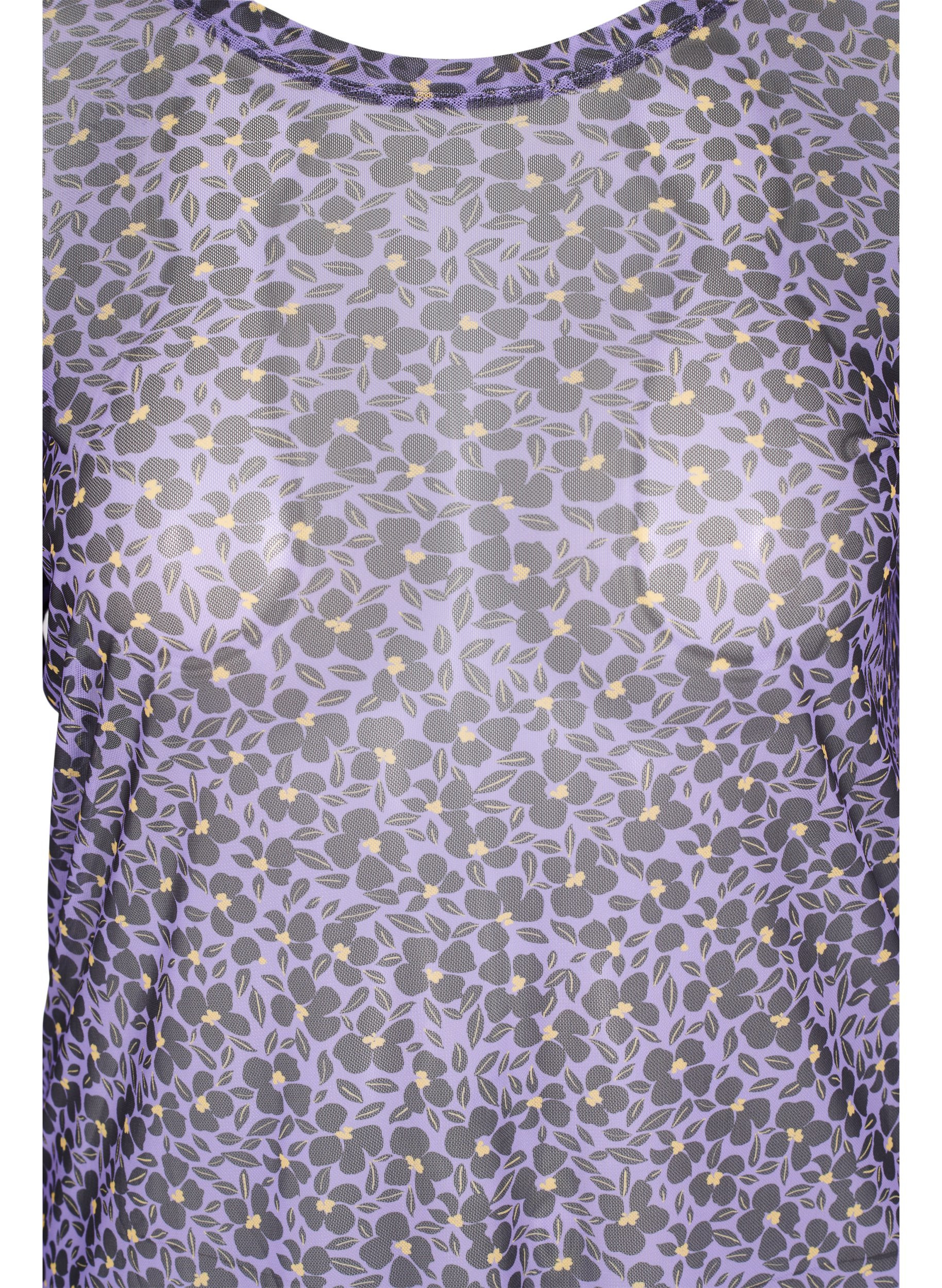 Tettsittende bluse i mesh og blomstermønster, Purple AOP, Packshot image number 2