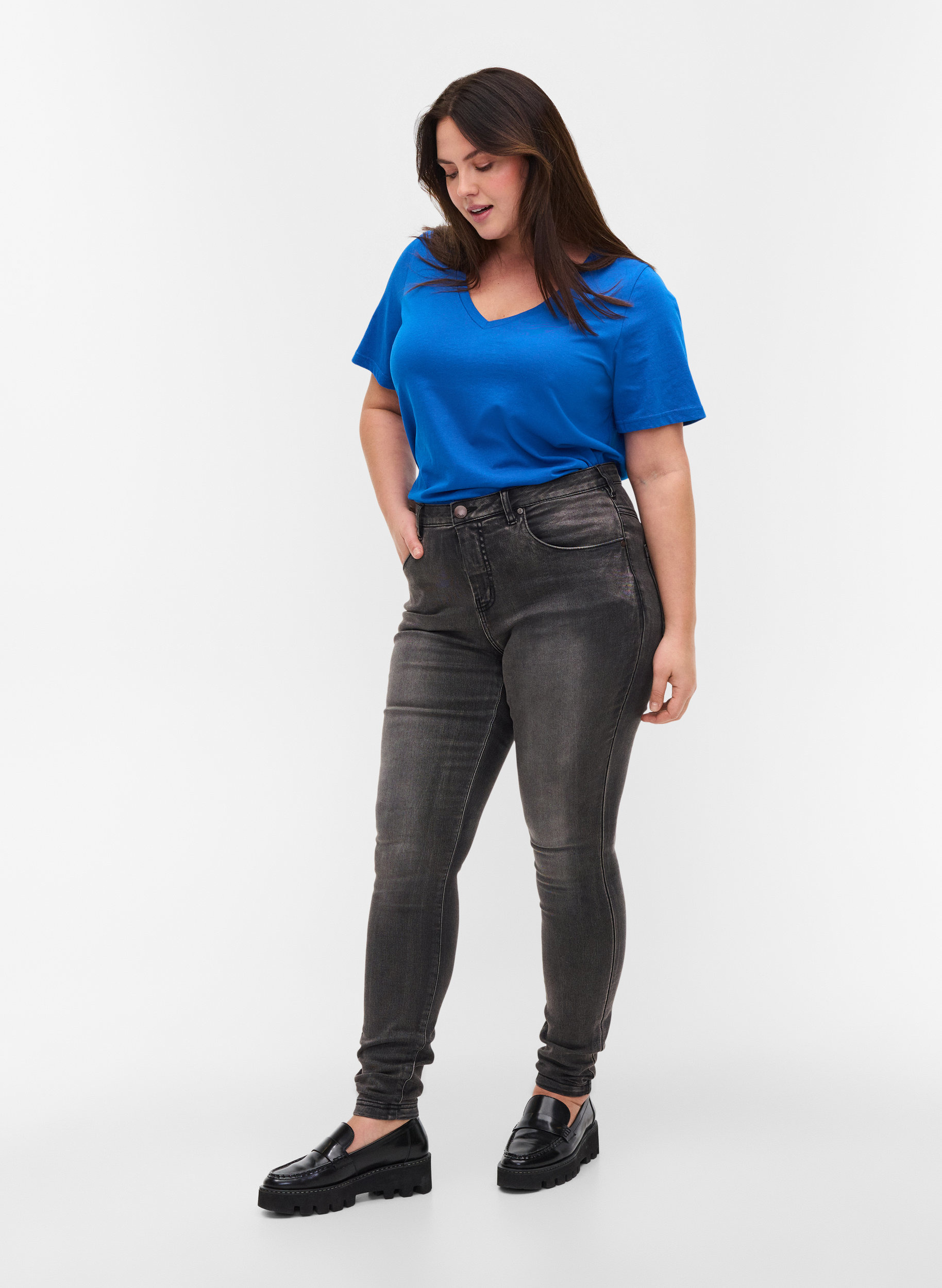 Super slim Amy jeans med høyt liv, Dk Grey Denim, Model