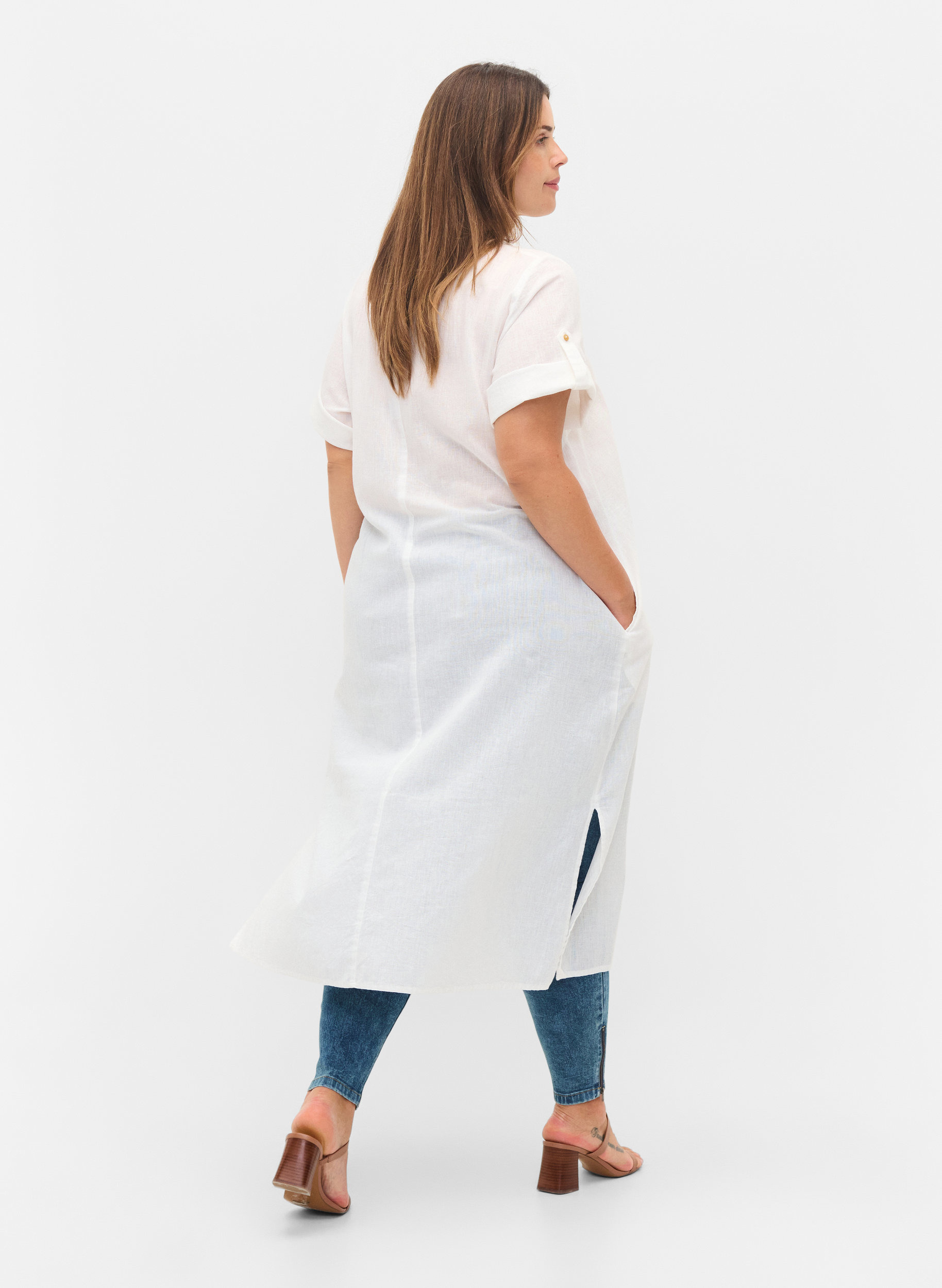 Lang skjortekjole med korte ermer, White, Model