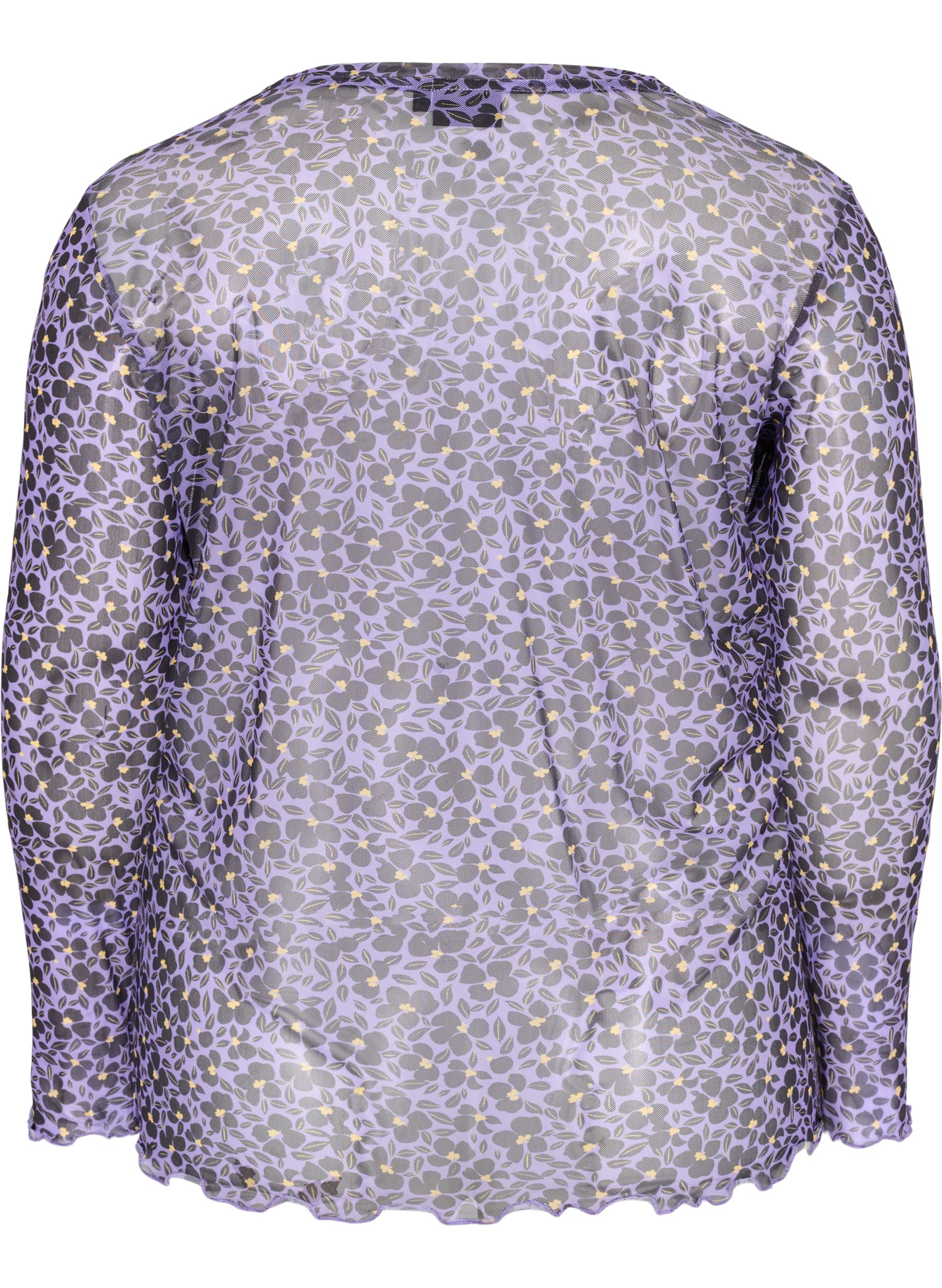 Tettsittende bluse i mesh og blomstermønster, Purple AOP, Packshot image number 1