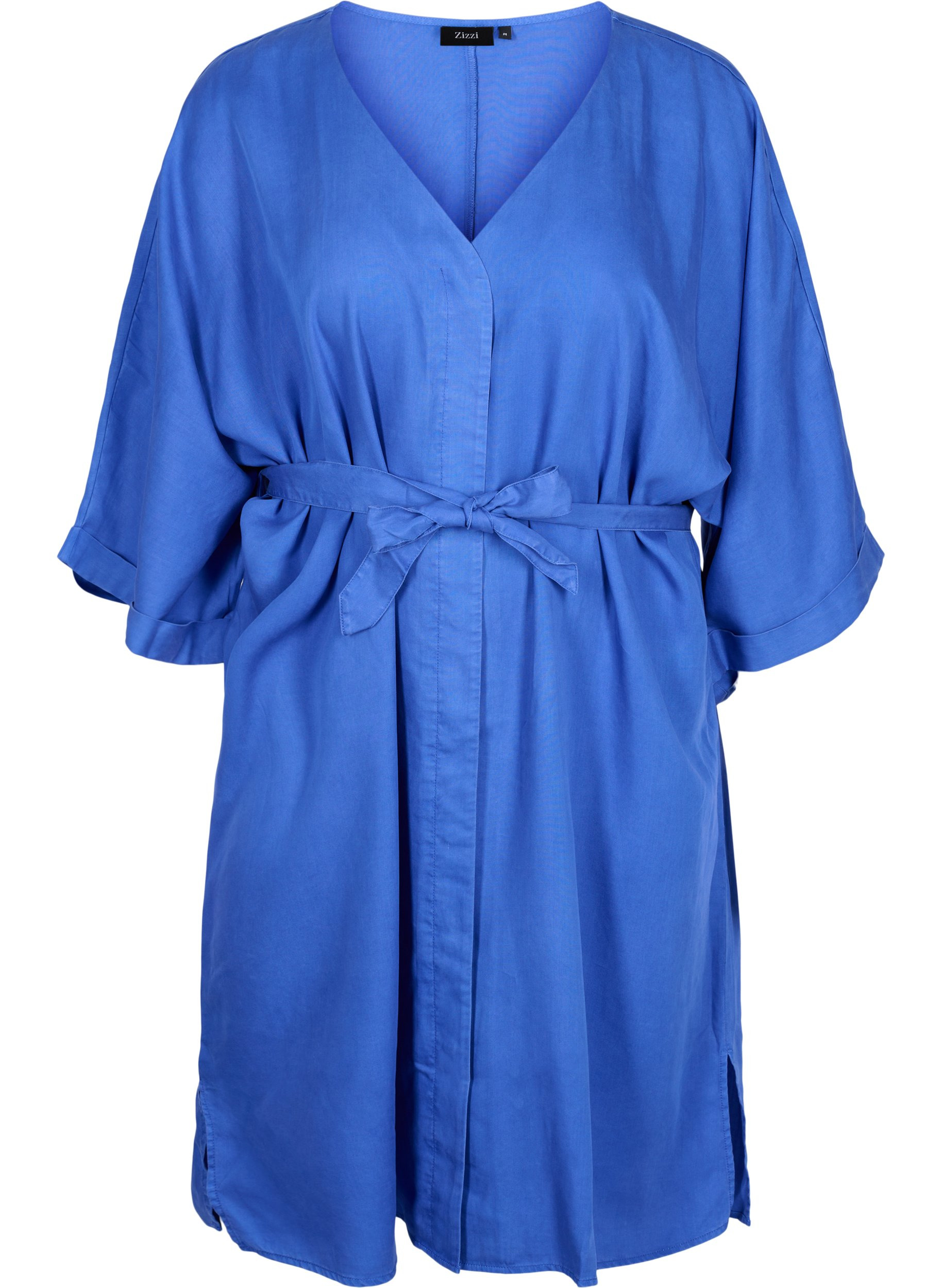 Kjole med 3/4-ermer og knyting, Dazzling Blue, Packshot image number 0