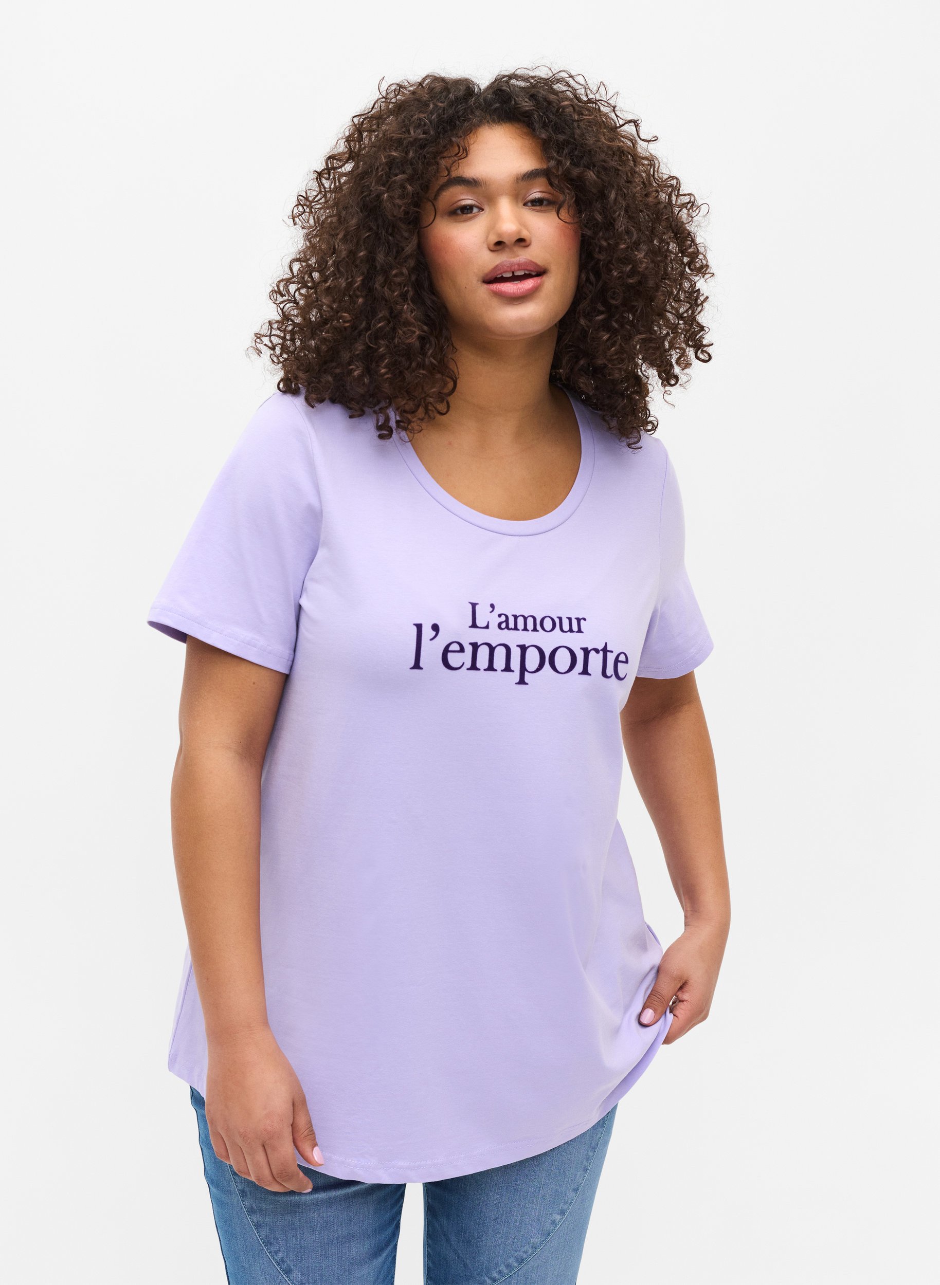 Kortermet T-skjorte i bomull med mønster,  Lavender LAMOUR, Model image number 0