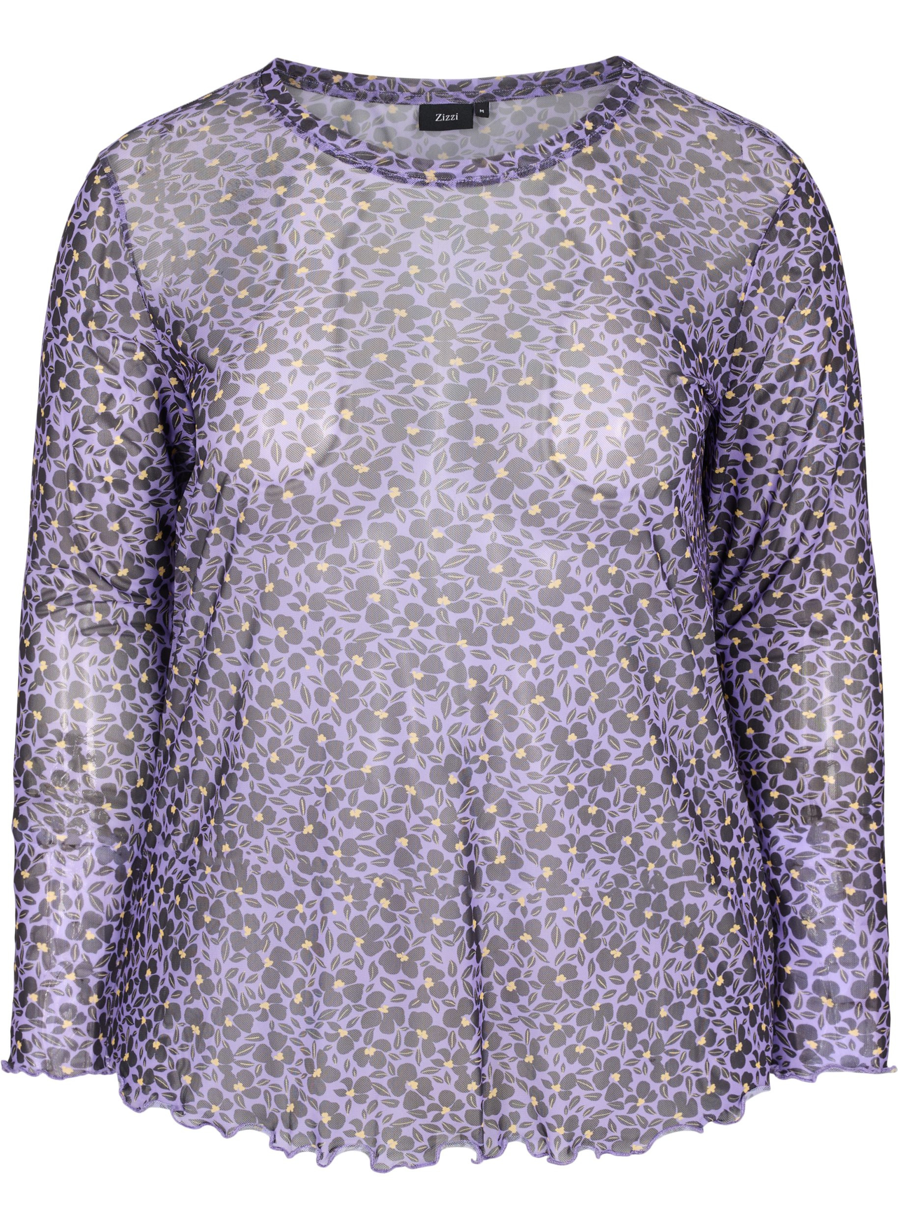 Tettsittende bluse i mesh og blomstermønster, Purple AOP, Packshot image number 0