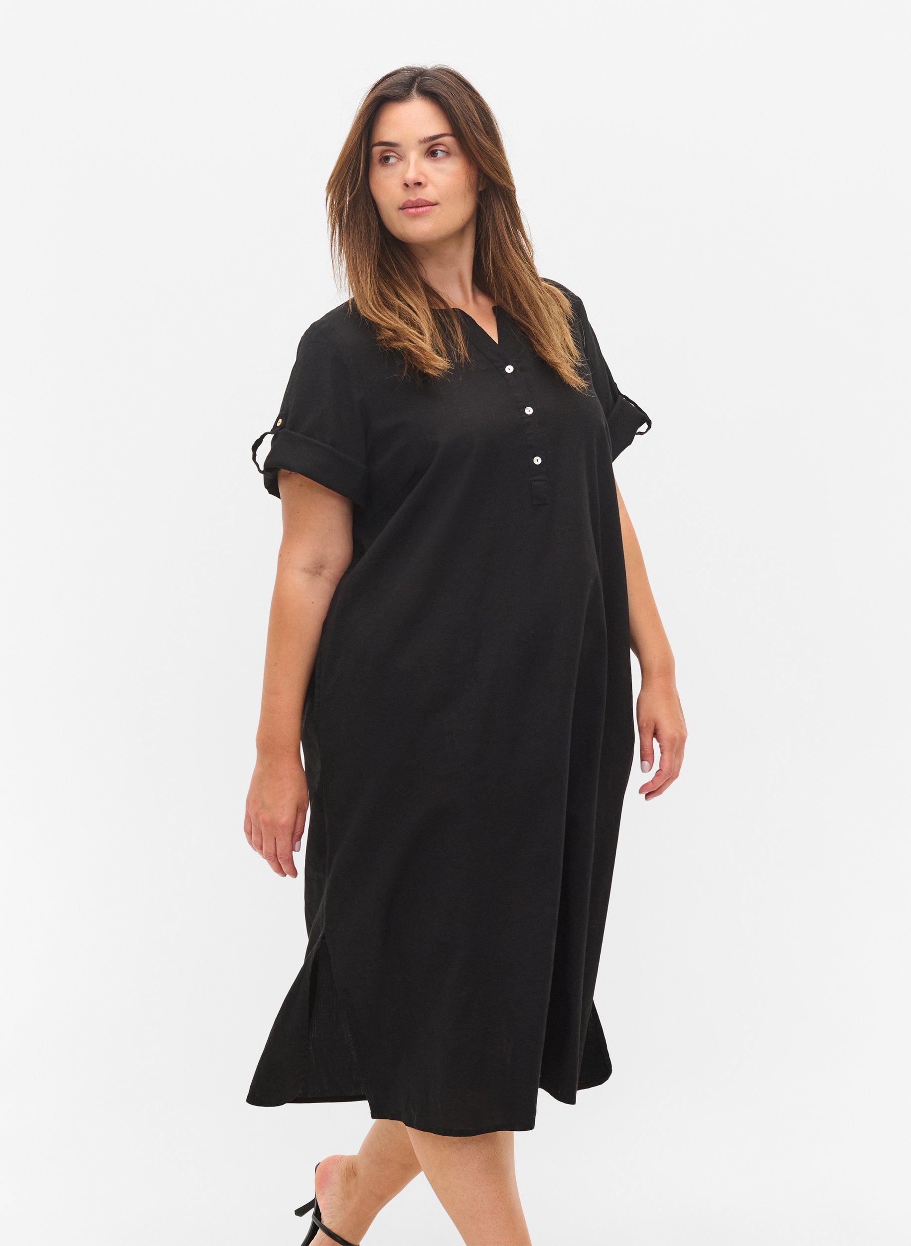 Lang skjortekjole med korte ermer, Black, Model