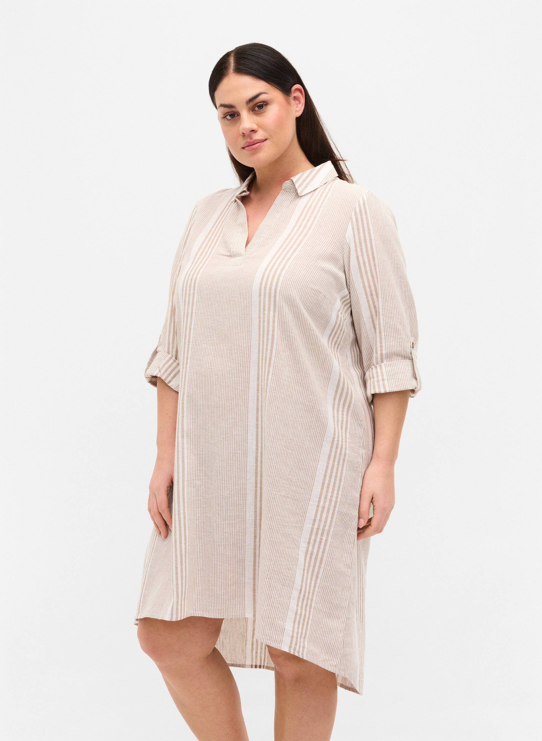 Kjole med V-hals og krage, White Taupe Stripe, Model