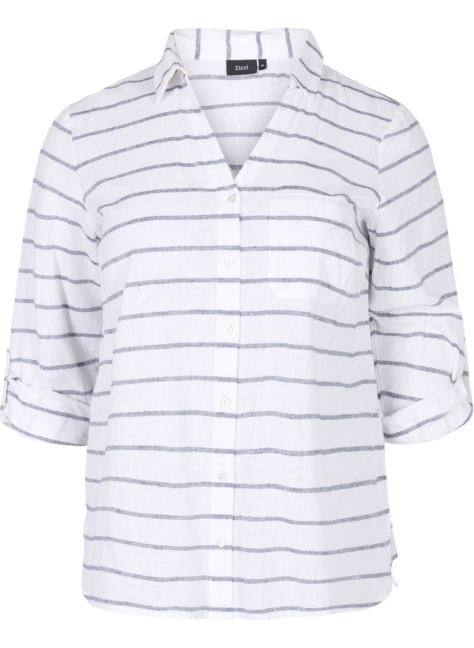 Bluse med 3/4-ermer og knapper, Navy Blazer stripe, Packshot