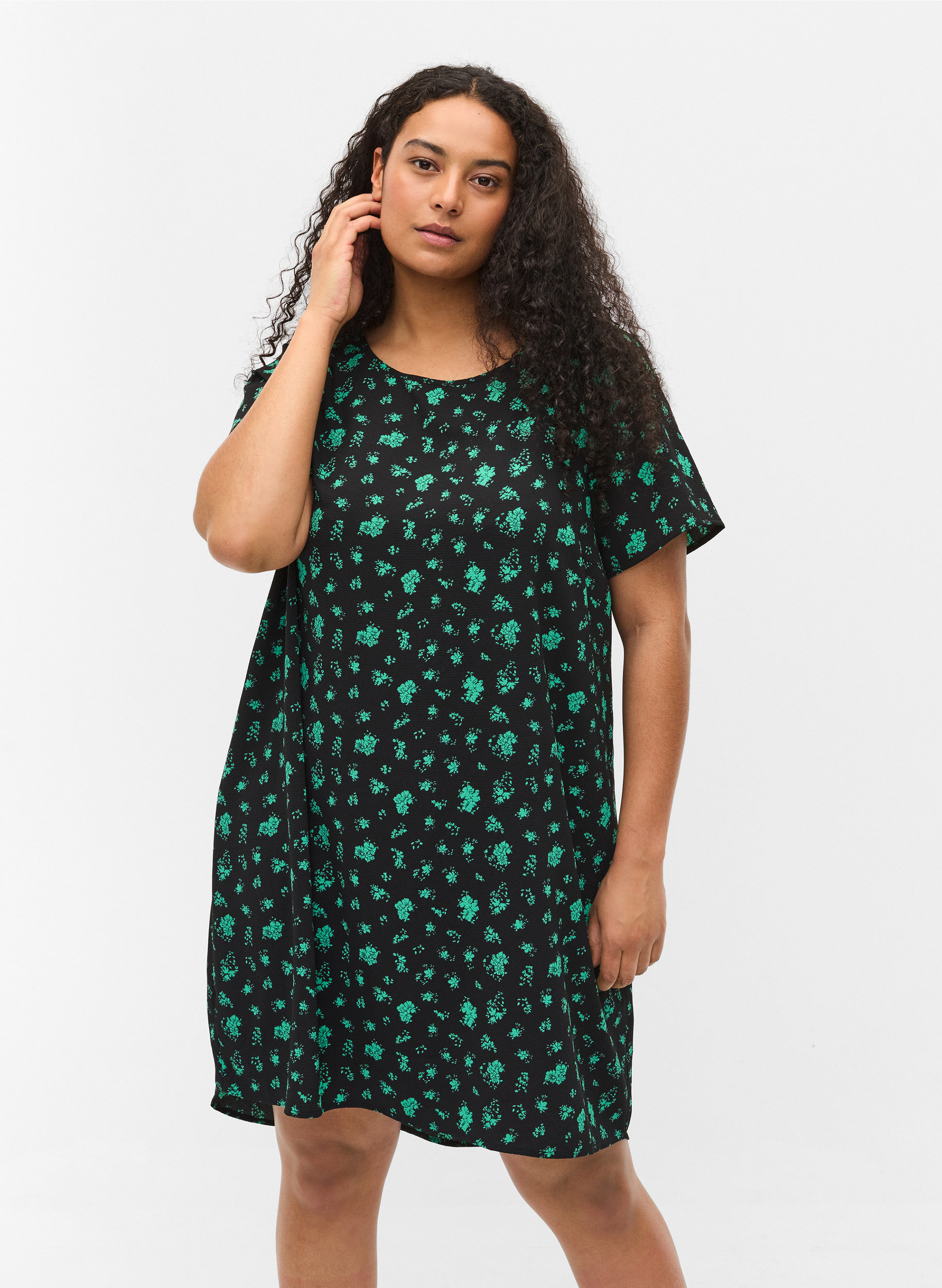 Mønstrete kjole med korte ermer, Green Flower AOP, Model image number 0