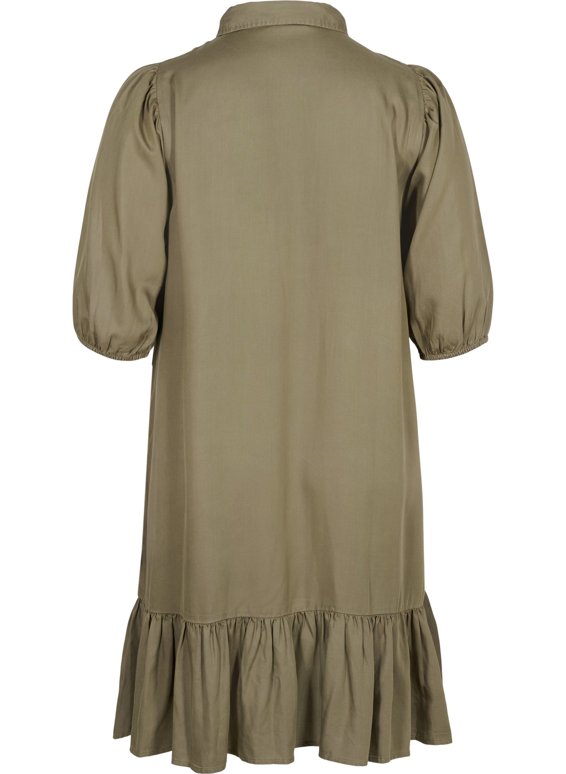 Kjole med volangkant og 3/4-ermer, Dusty Olive, Packshot image number 1