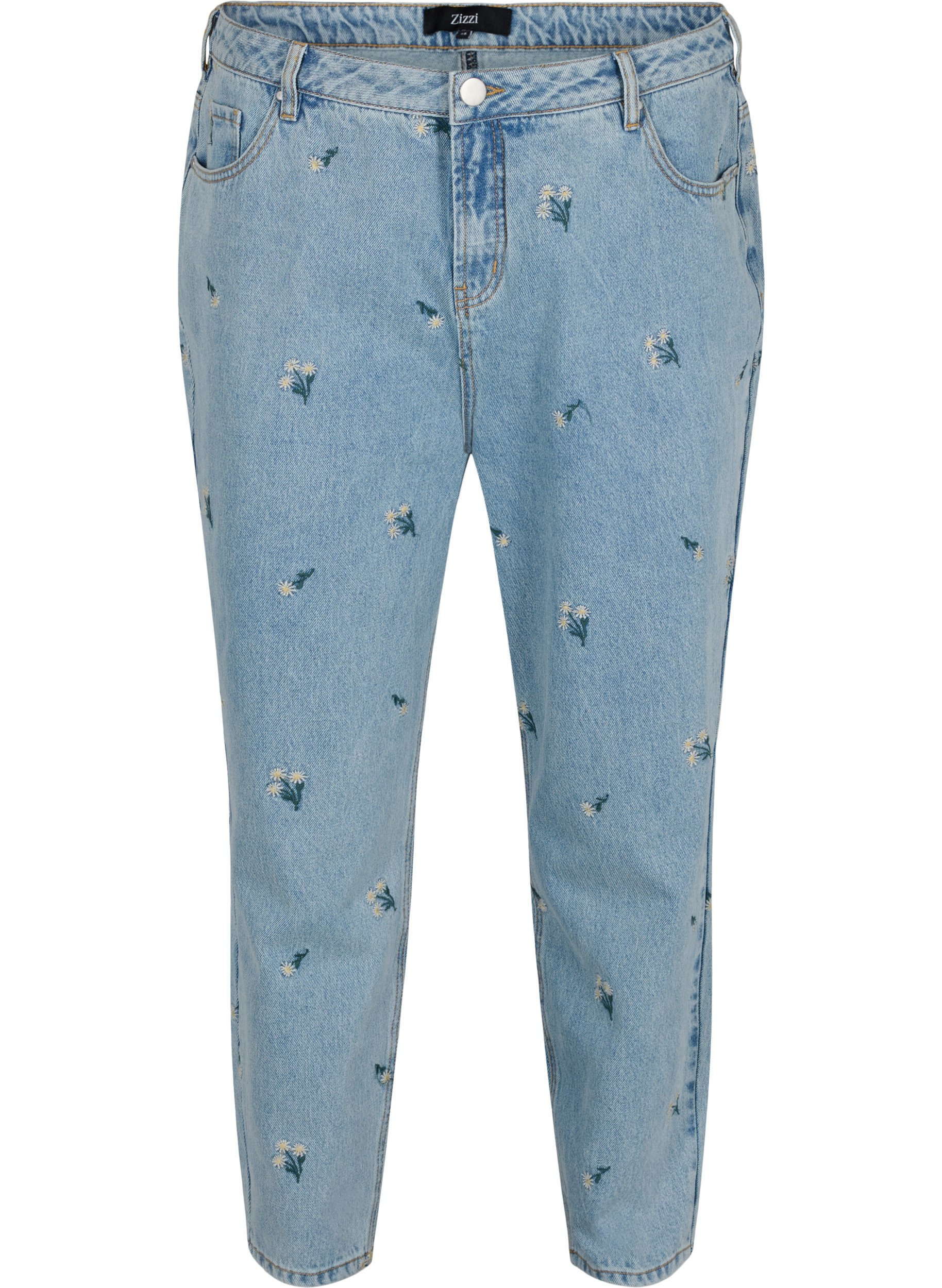 Mille mom fit jeans med blomstrete broderi, Blue w. Small Flower, Packshot image number 0