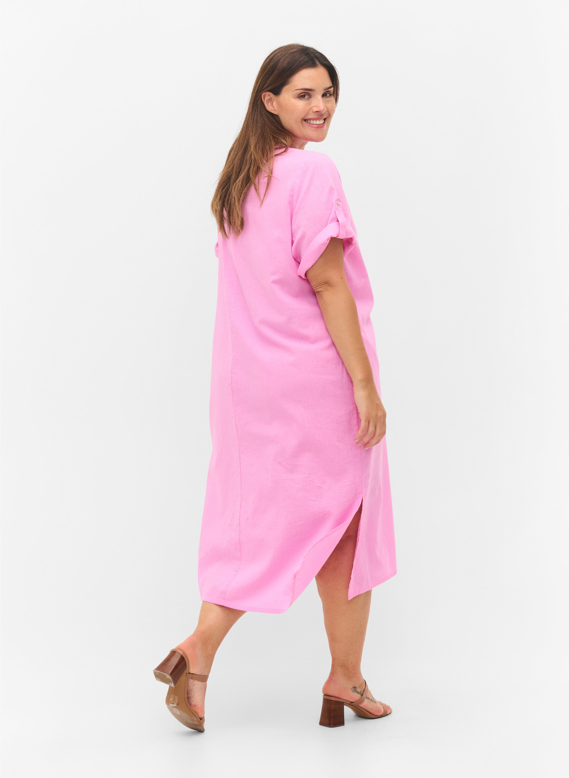 Lang skjortekjole med korte ermer, Begonia Pink, Model