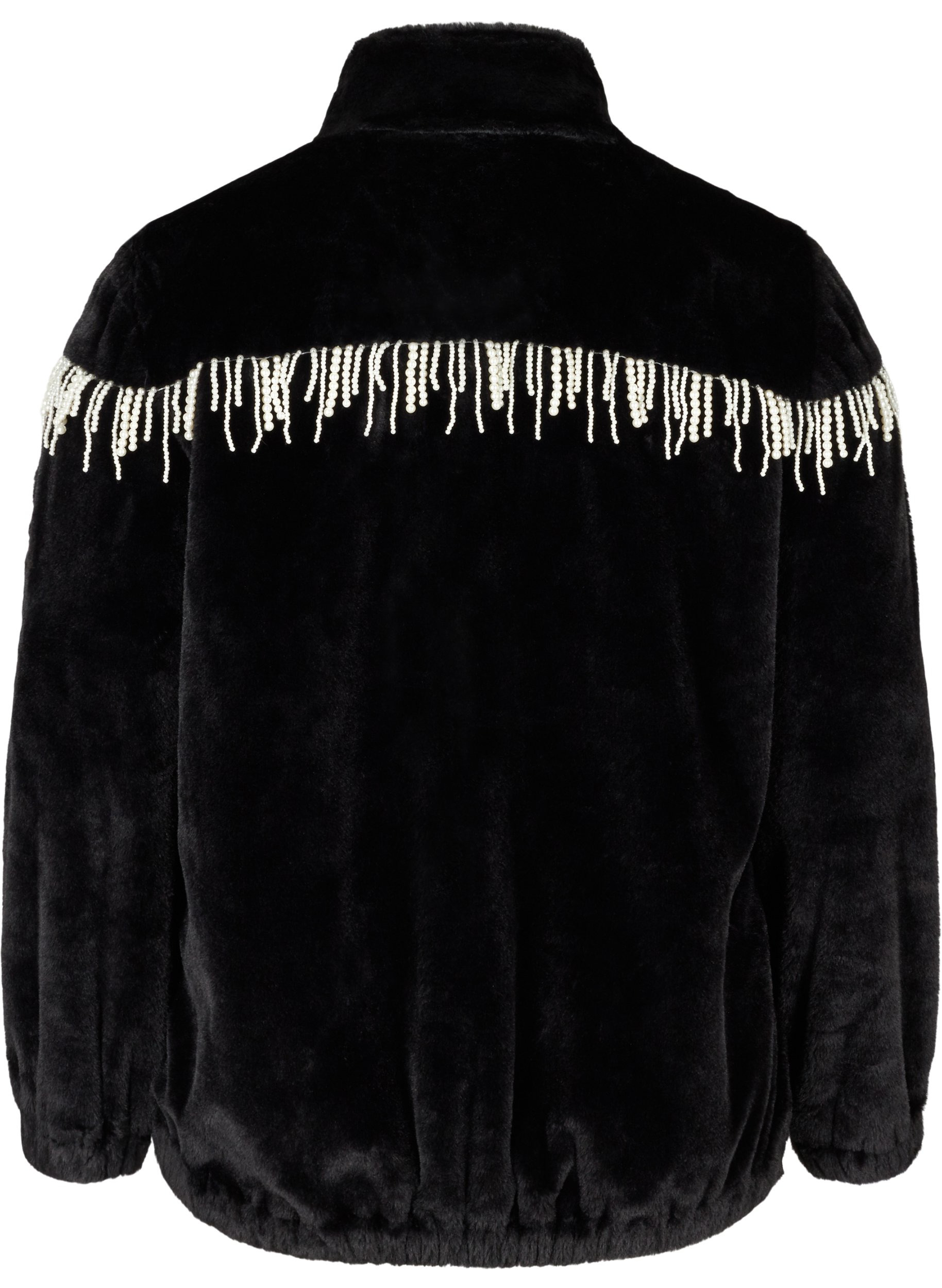 Kort jakke med imitert pels med dekorative perler, Black, Packshot image number 1