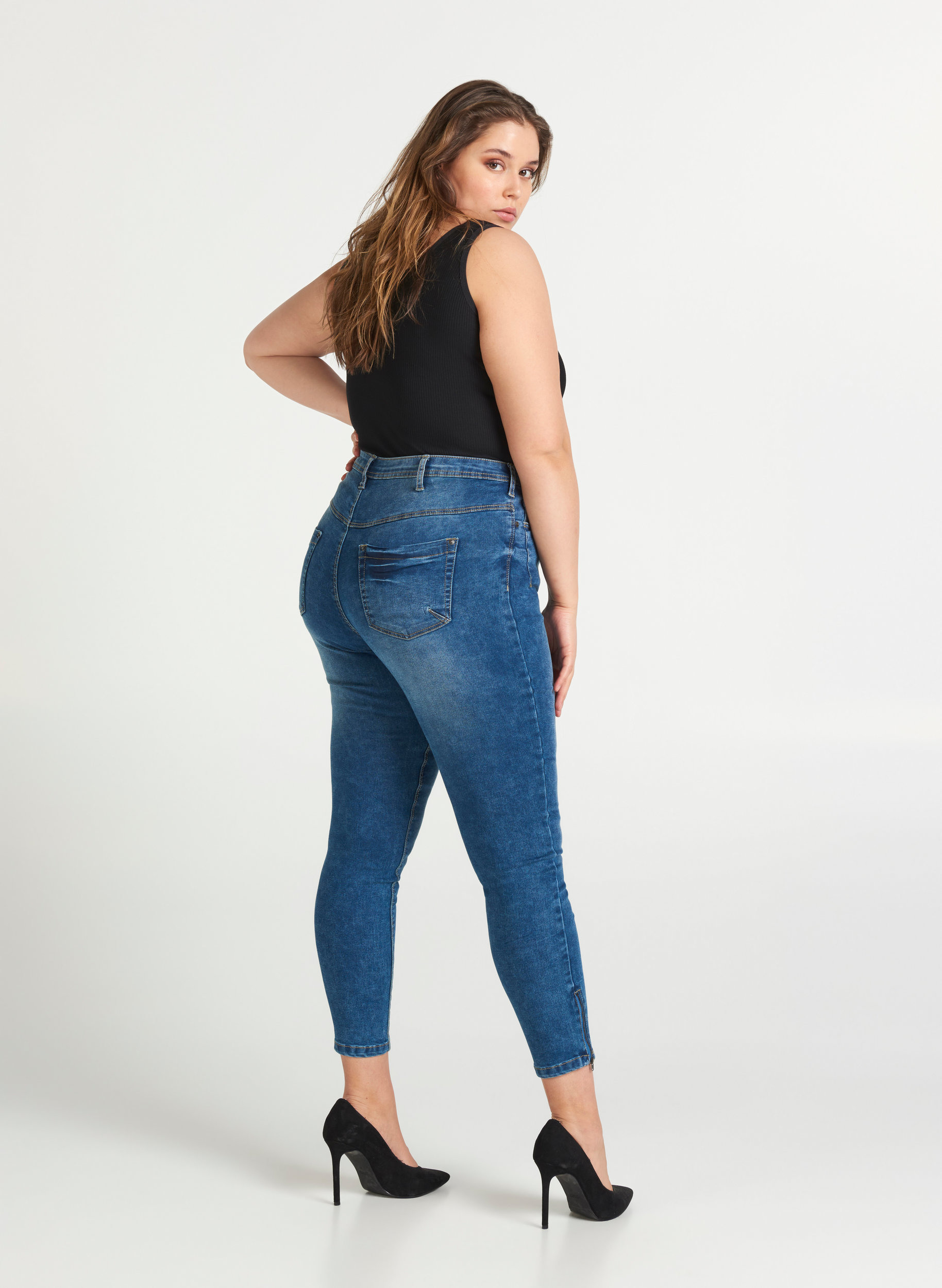 Cropped Amy jeans med glidelås, Blue denim, Model image number 1