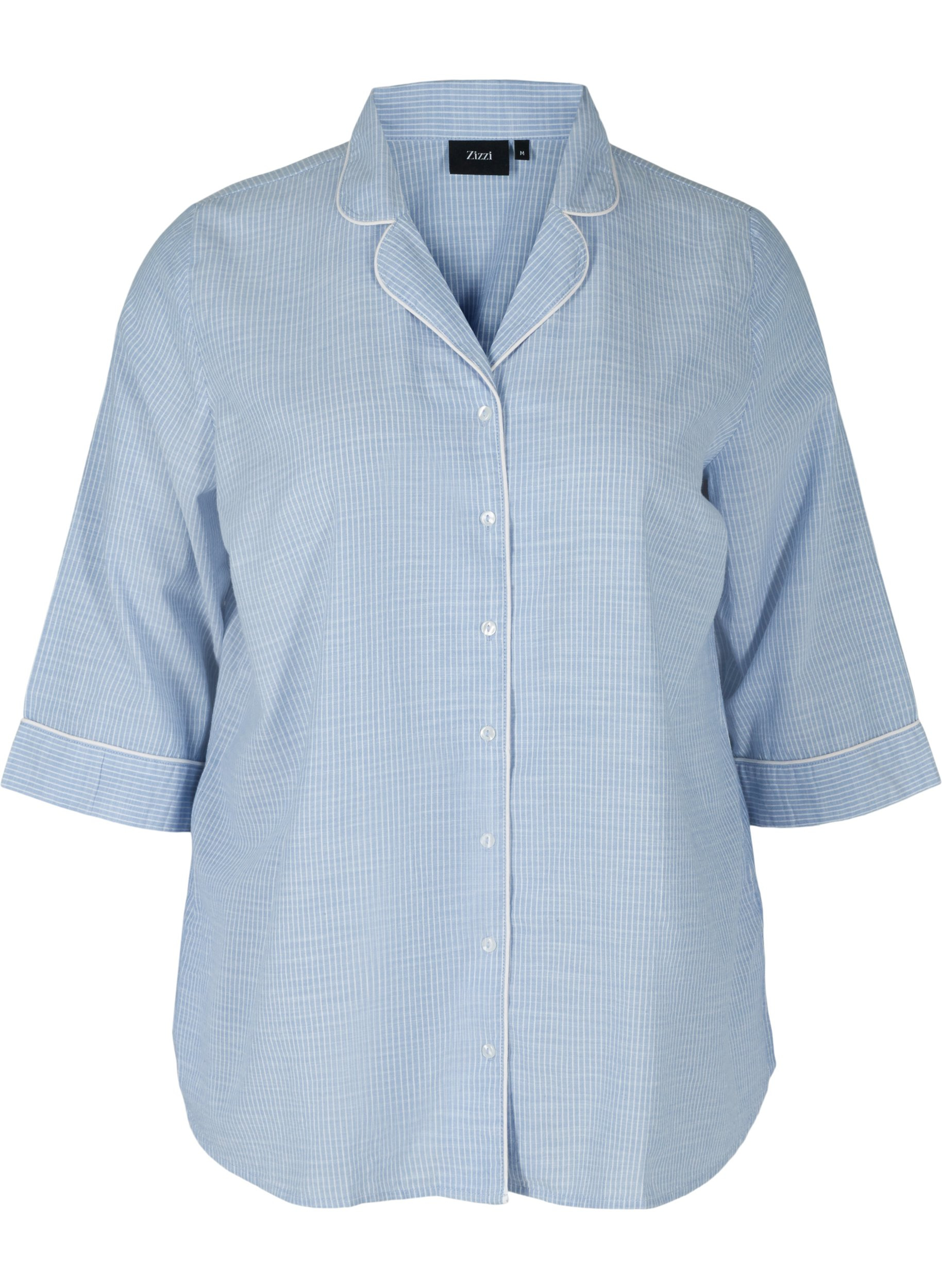 Stripete pysjamasskjorte i bomull, White/Blue Stripe, Packshot image number 0