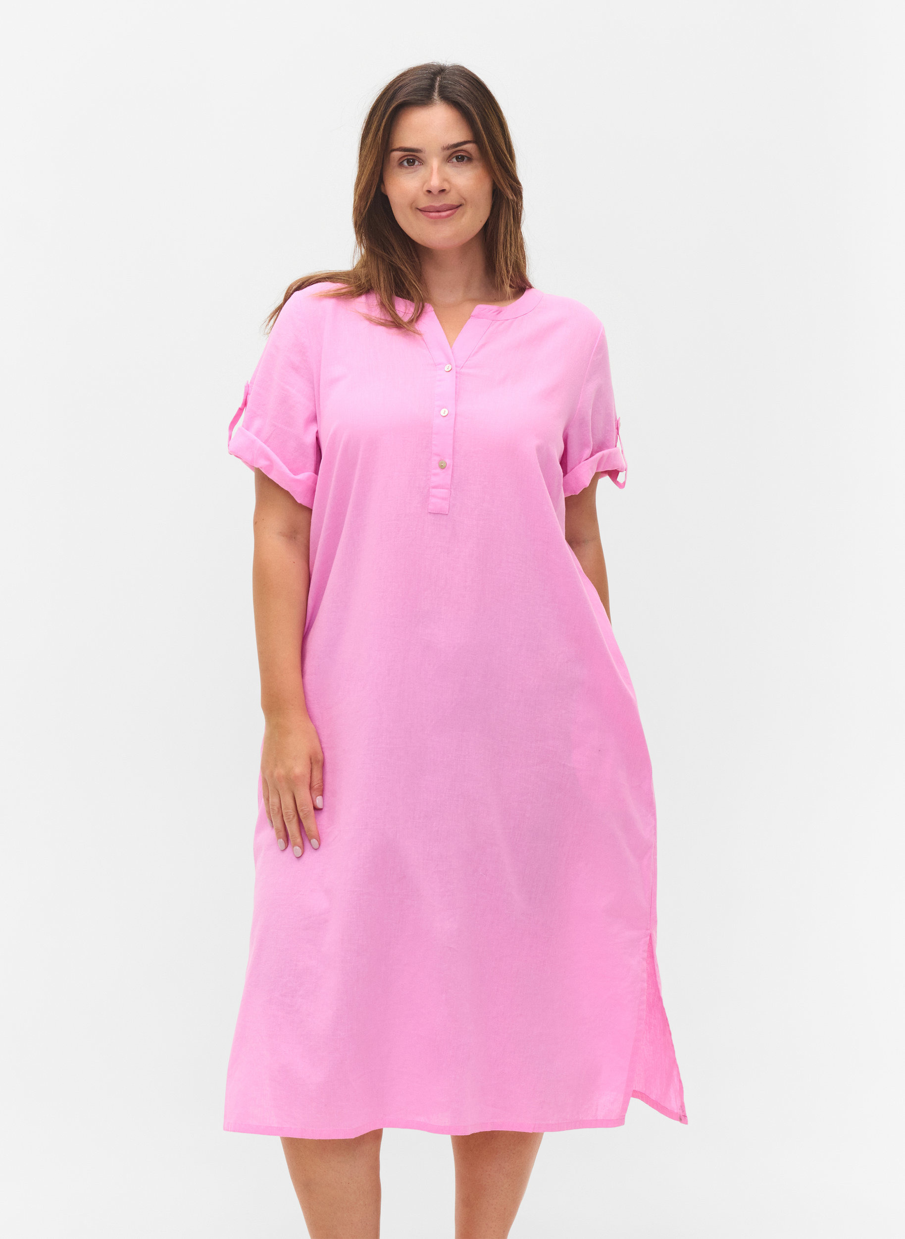Lang skjortekjole med korte ermer, Begonia Pink, Model image number 0