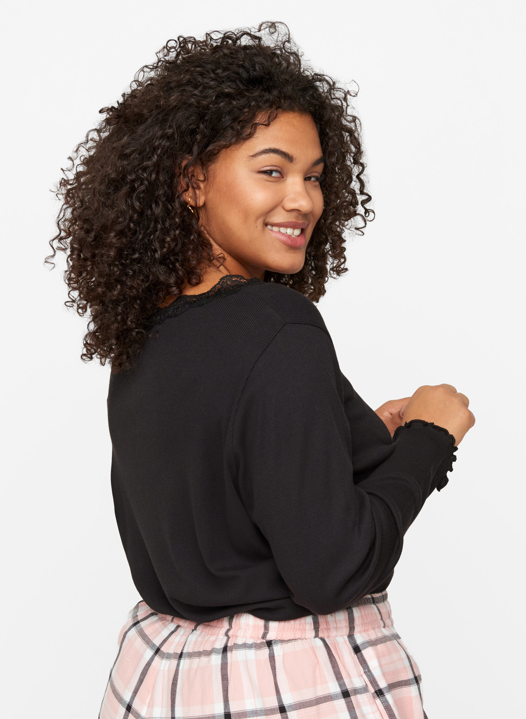 Tettsittende bluse med blondekant, Black, Model image number 1