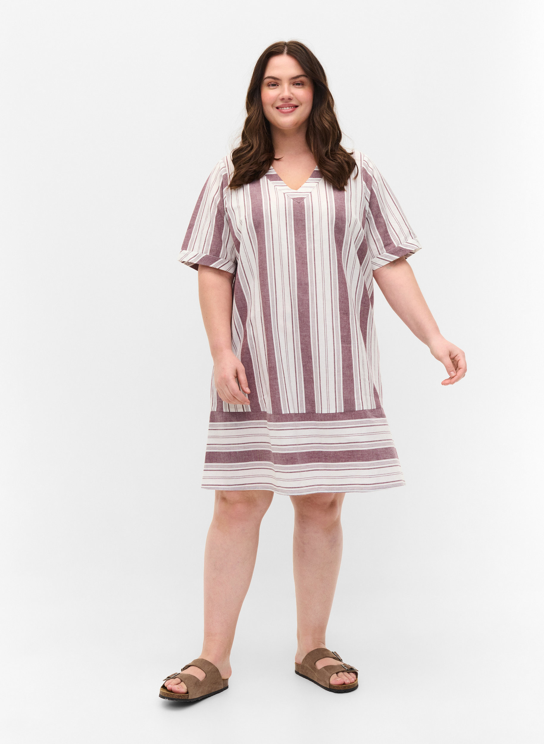Stripete bomullskjole med korte ermer, Vineyard Wine Stripe, Model image number 2