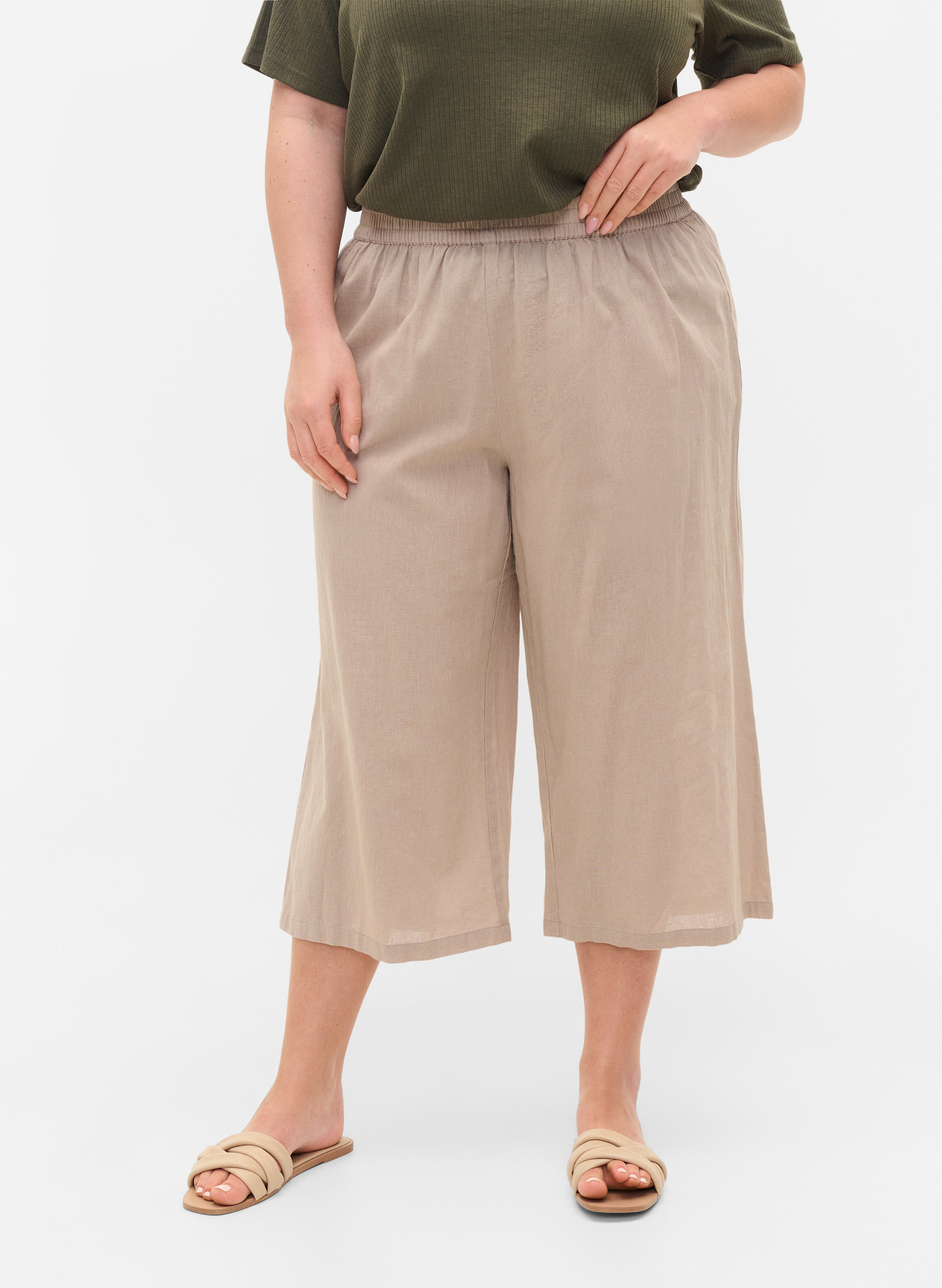 7/8-bukser i bomullsmiks med lin, Simply Taupe, Model