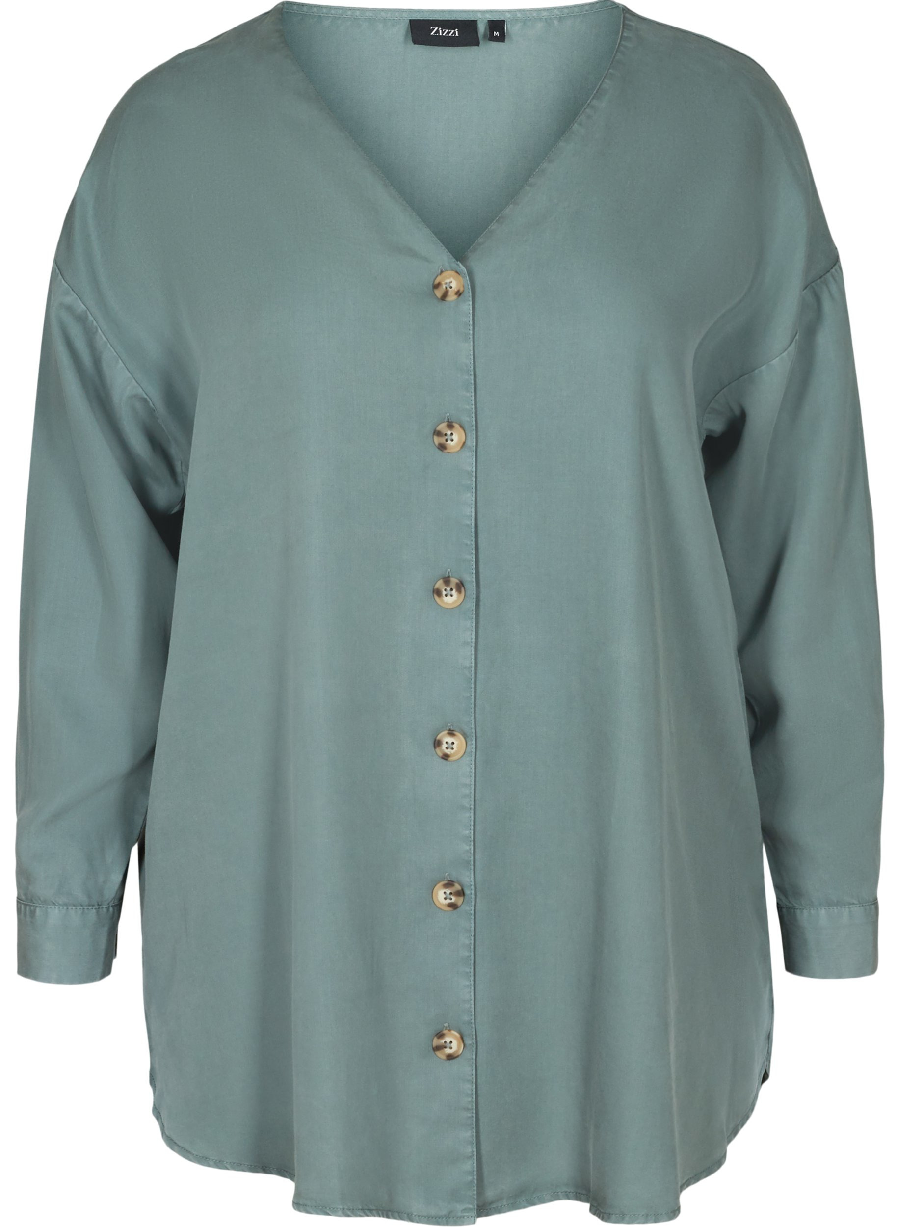 Skjorte i lyocell med v-hals, Balsam Green, Packshot image number 0