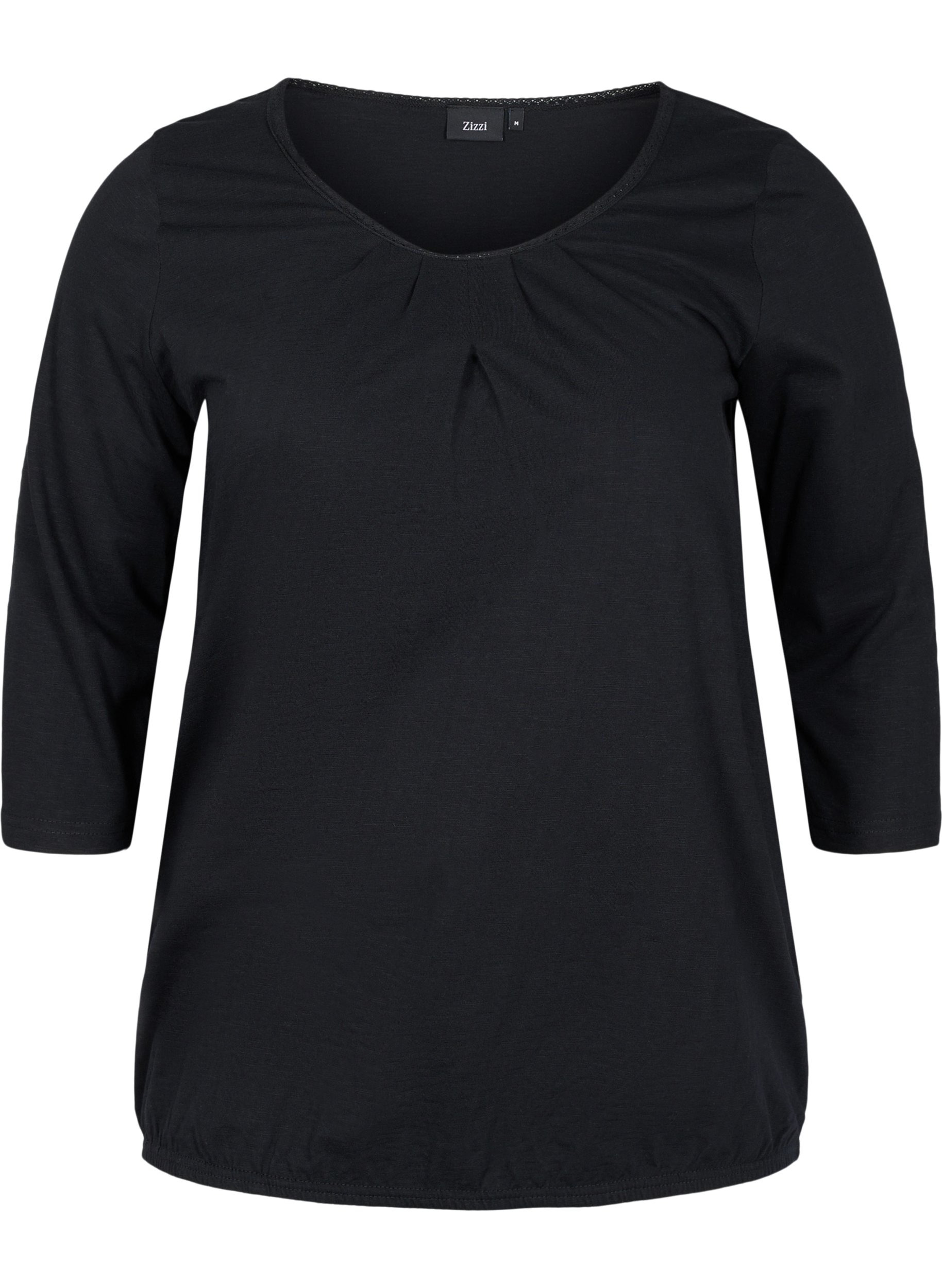 Ensfarget bluse med 3/4-ermer i bomull, Black, Packshot image number 0