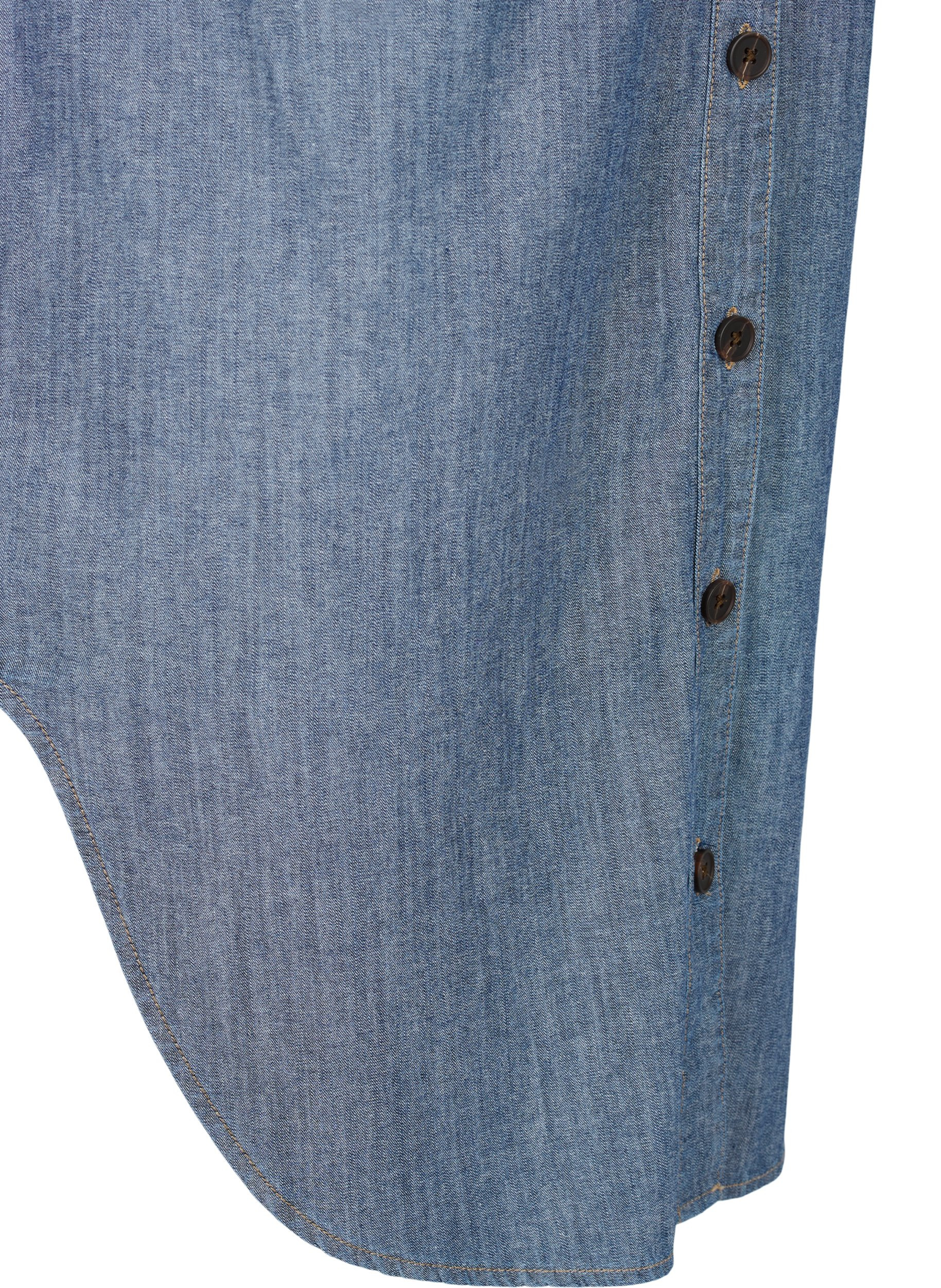 Lang skjortejakke i denim, Blue denim, Packshot image number 3