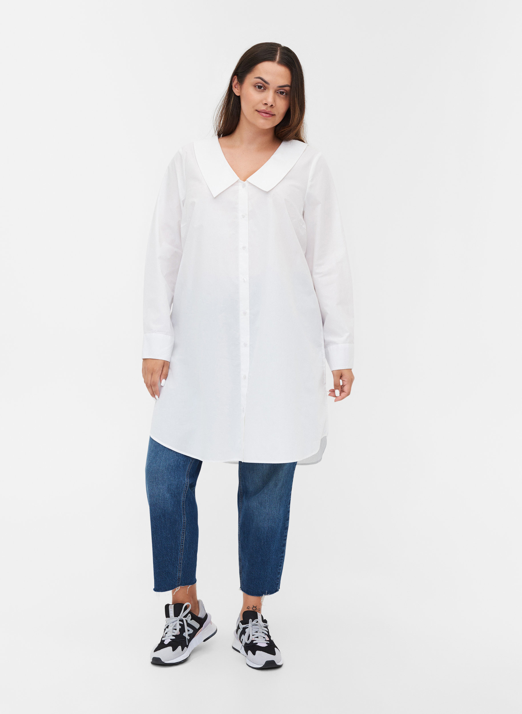 Lang skjorte i bomull med stor krave, Bright White, Model image number 2