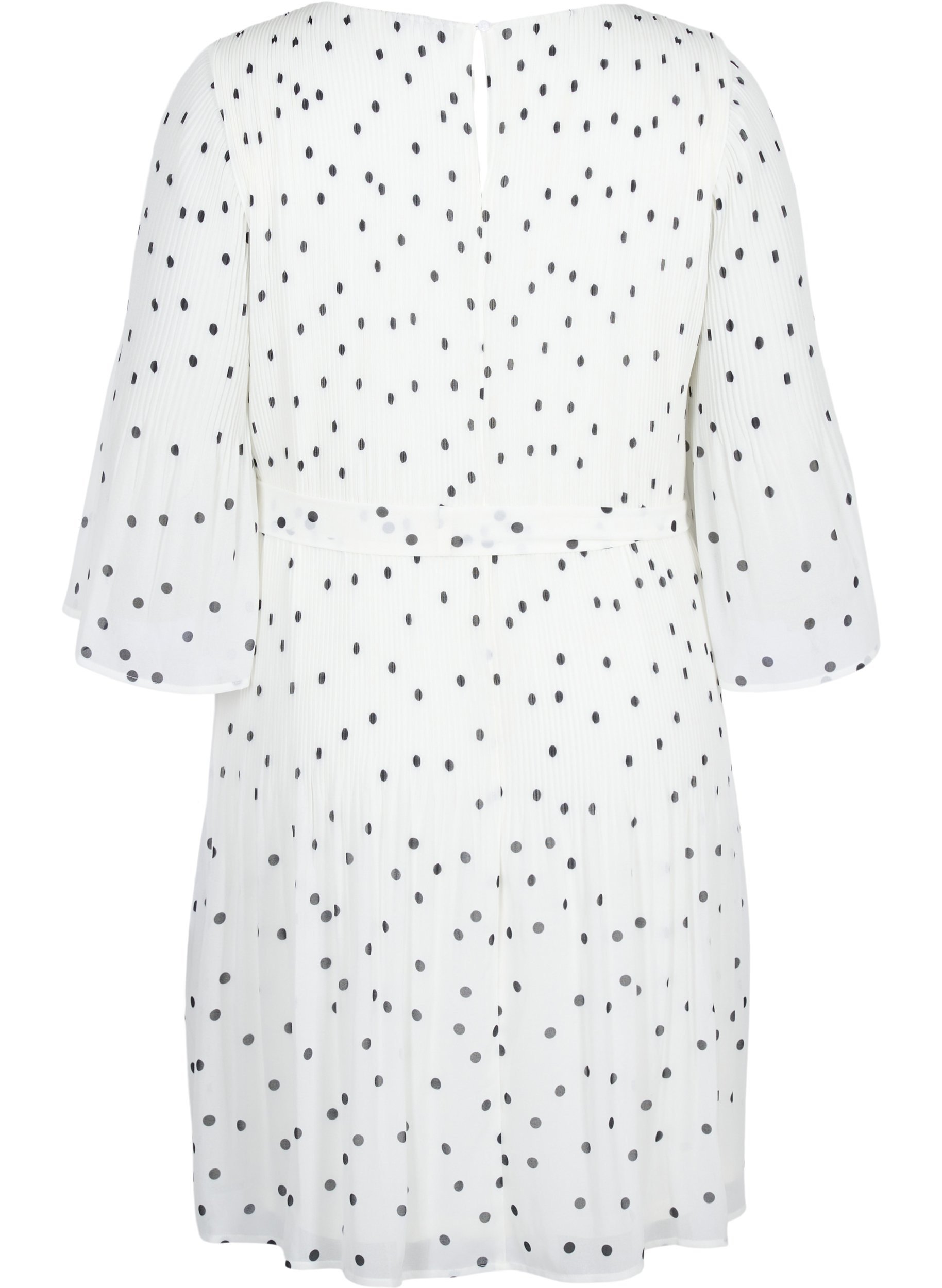 Mønstrete plissékjole med knyting, Bright White w. Dots, Packshot image number 1