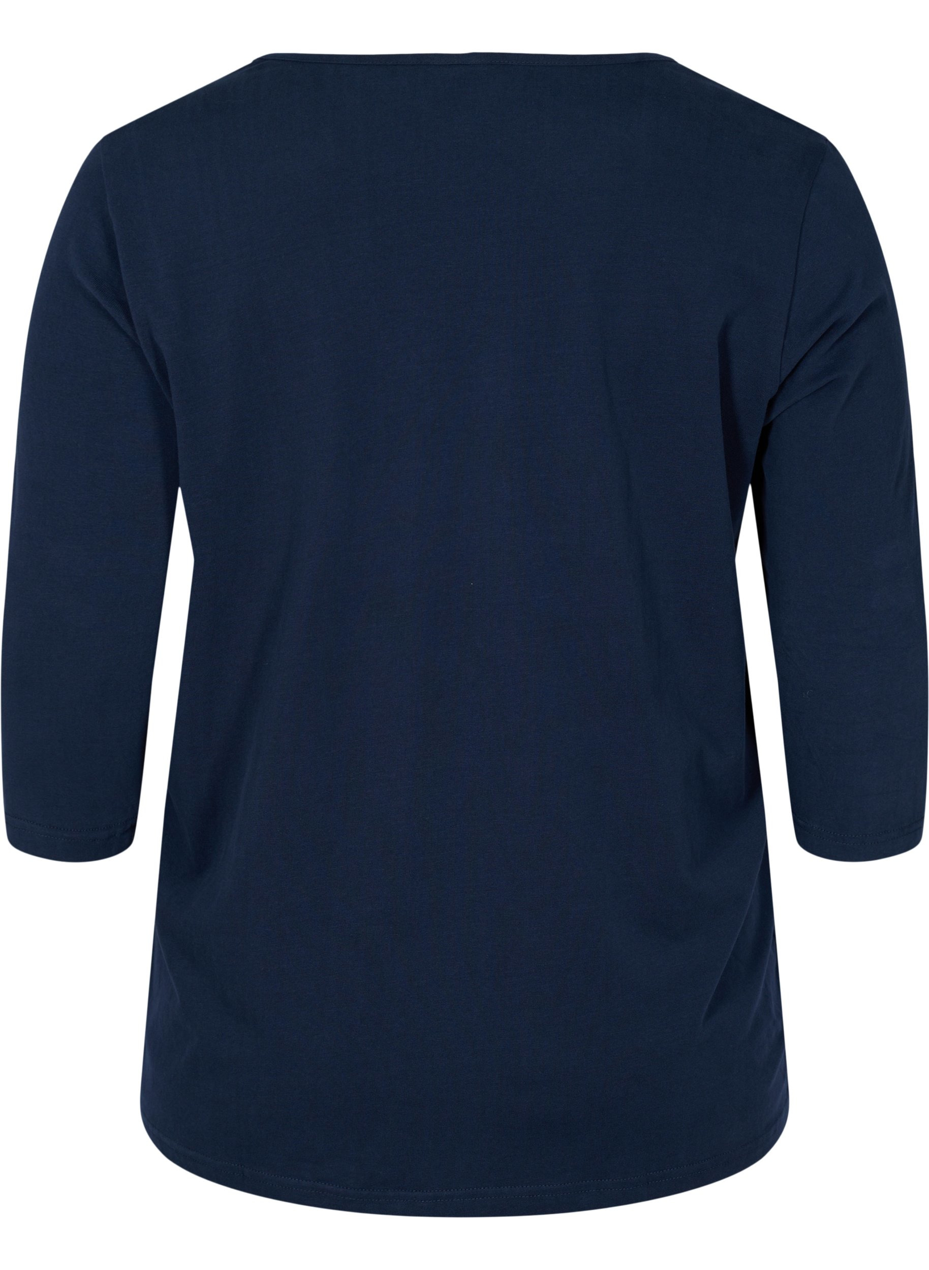 Ensfarget T-skjorte i bomull med 3/4-ermer, Navy Blazer, Packshot image number 1