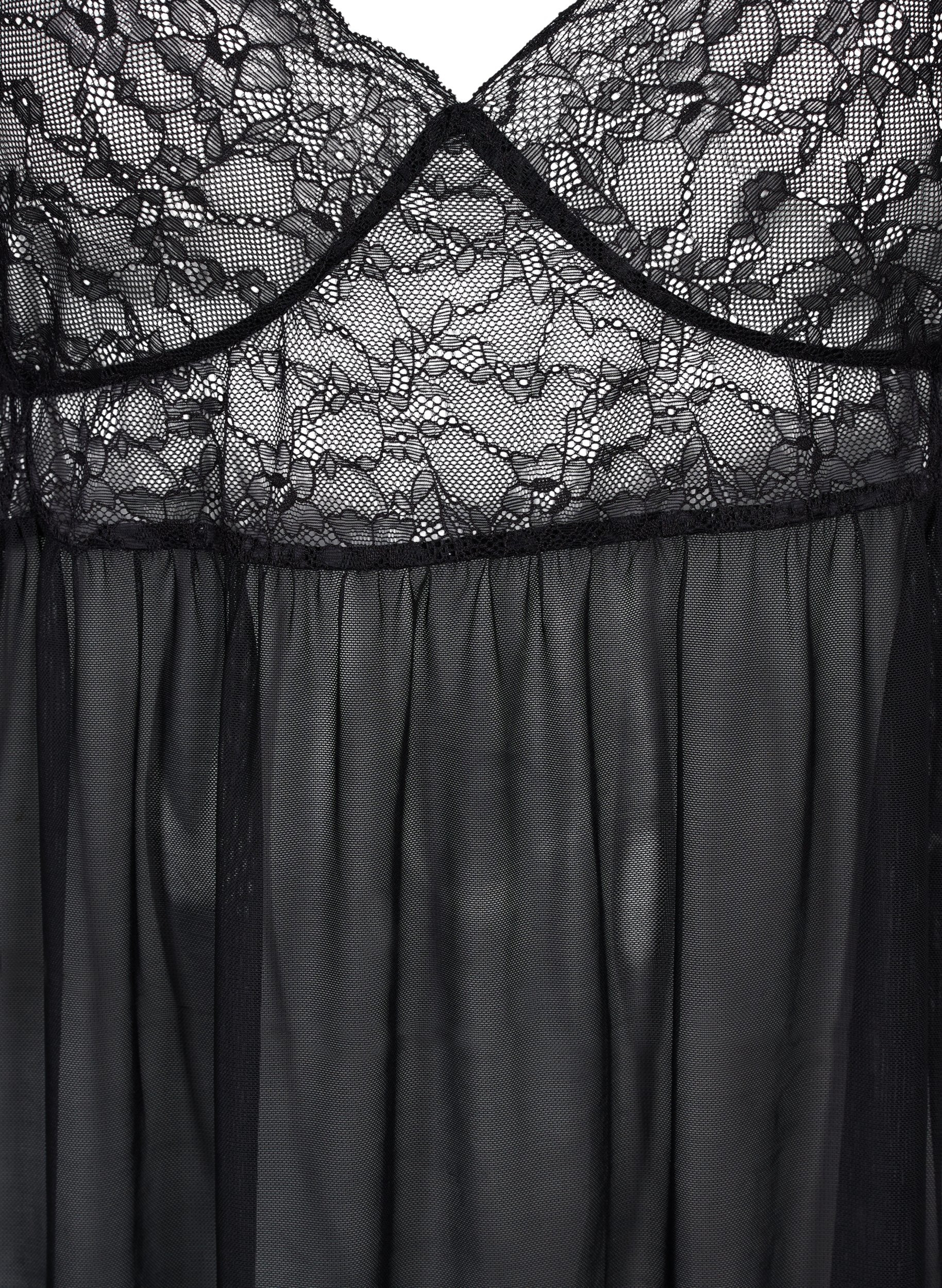 Kort nattkjole med blonder, Black, Packshot image number 2