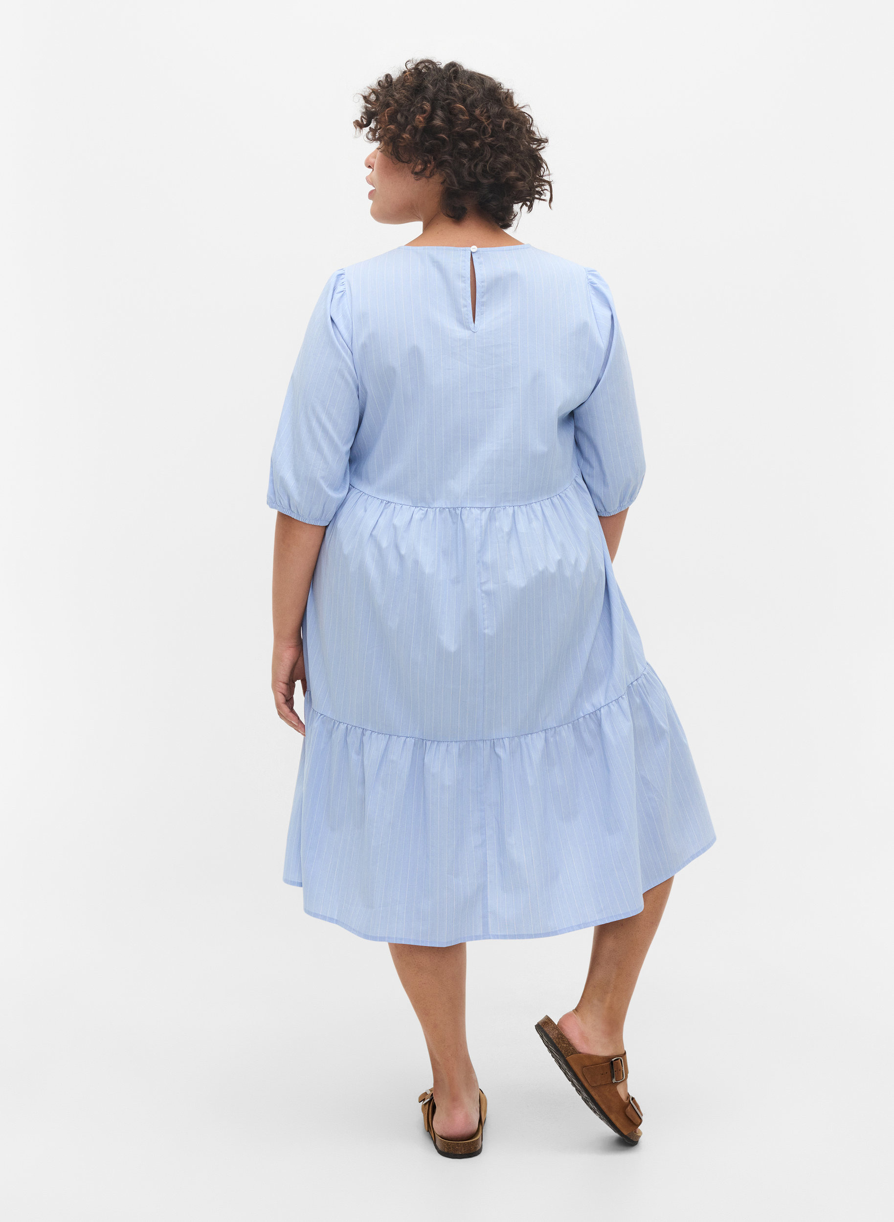 Stripete kjole med korte puffermer, Blue As Sample, Model image number 1